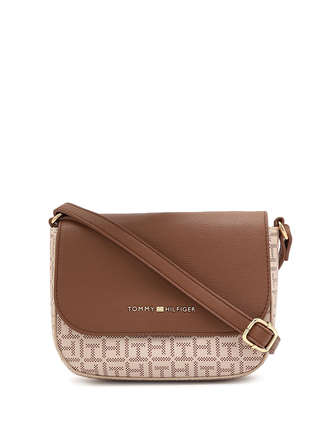 

Tommy Hilfiger Women Brand Logo Printed Structured Leather Sling Bag, Beige