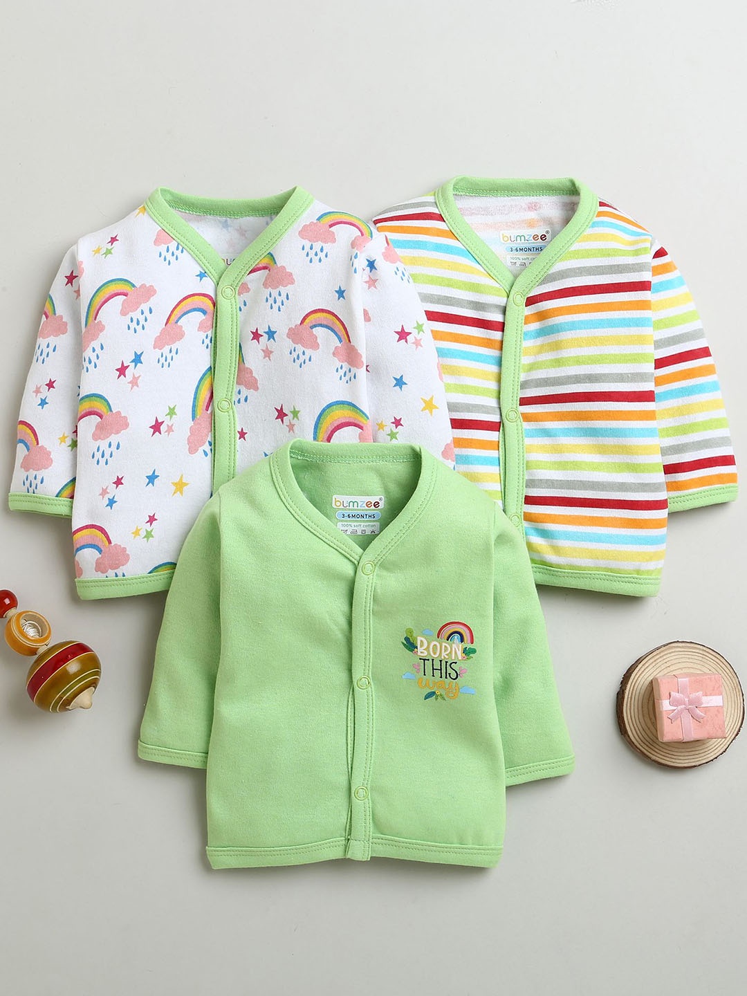 

BUMZEE Girls Pack Of 3 Printed Cotton Jhabla Vests, Green