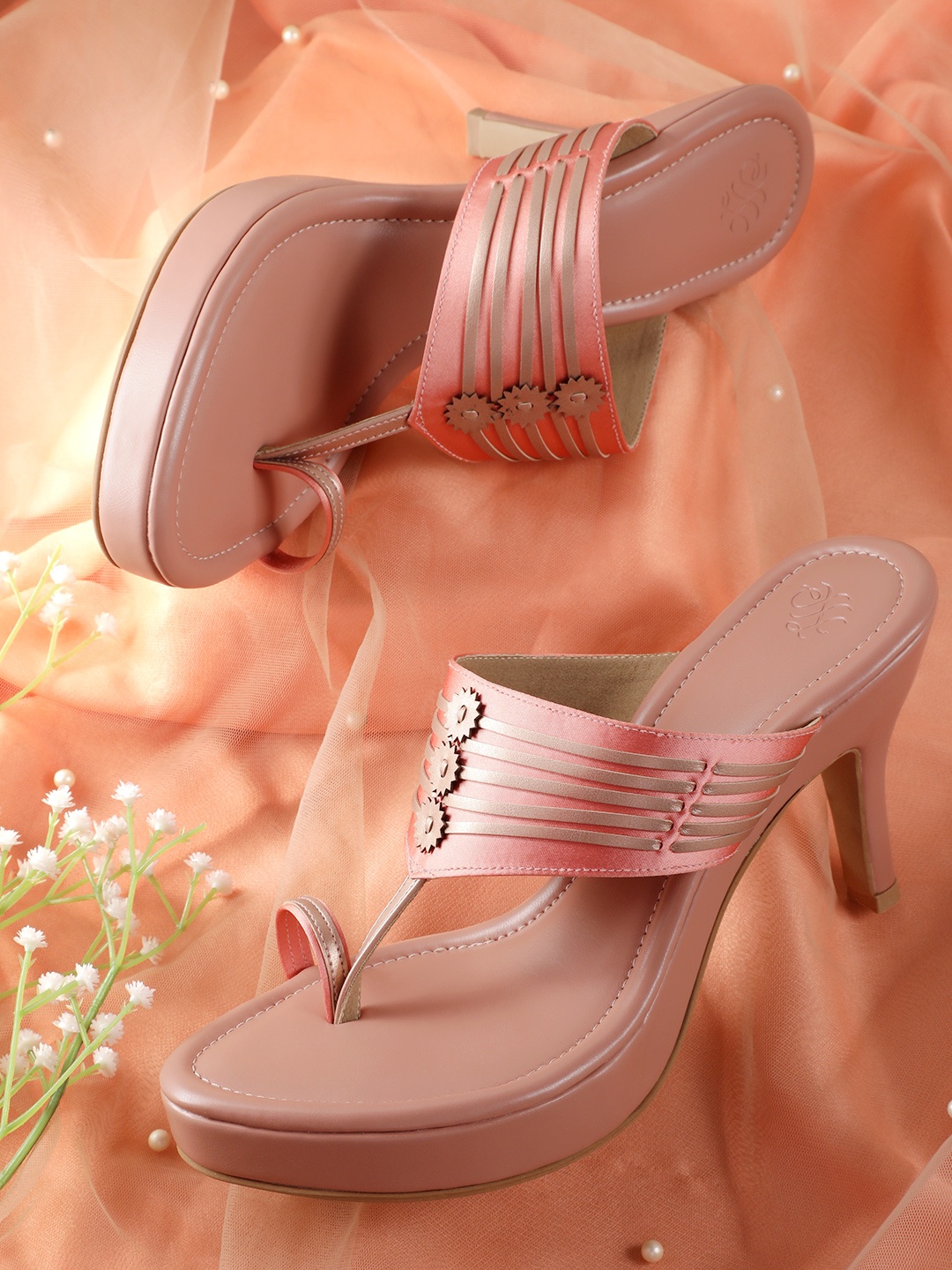 

House of Pataudi Open Toe Striped Slim Heels, Peach