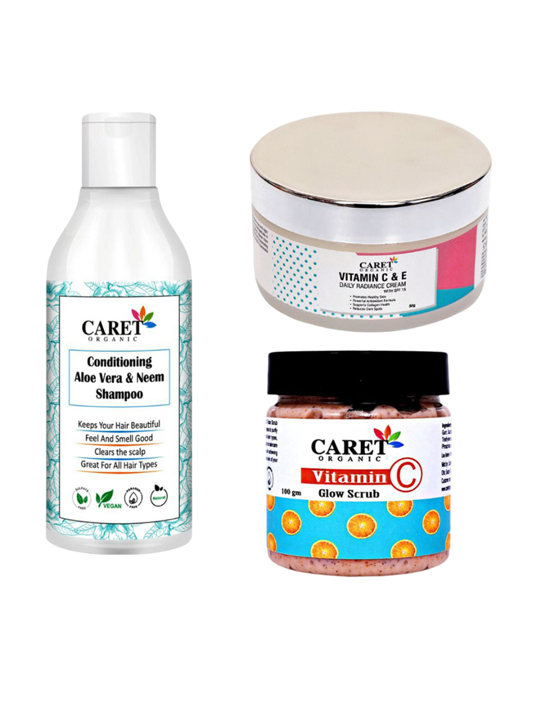 

CARET ORGANIC Set of 3 Aloe Vera & Neem Shampoo, Vitamin C & E Cream, Vitamin C Glow Scrub, White