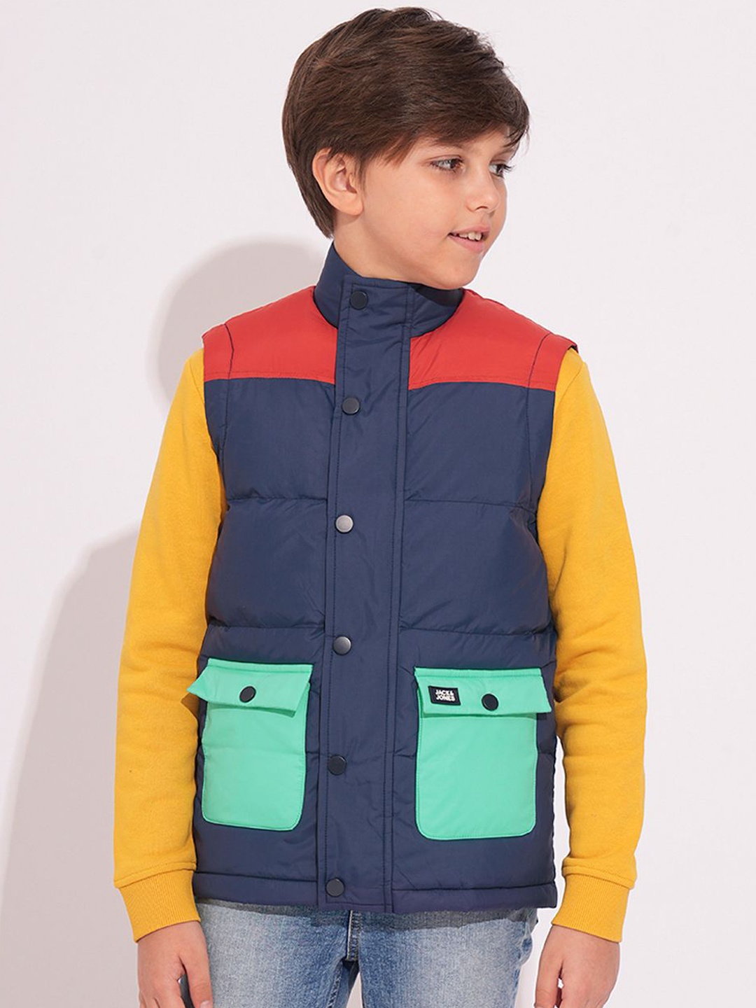 

Jack & Jones Junior Boys Mock Collar Colourblocked Casual Padded Jacket, Navy blue