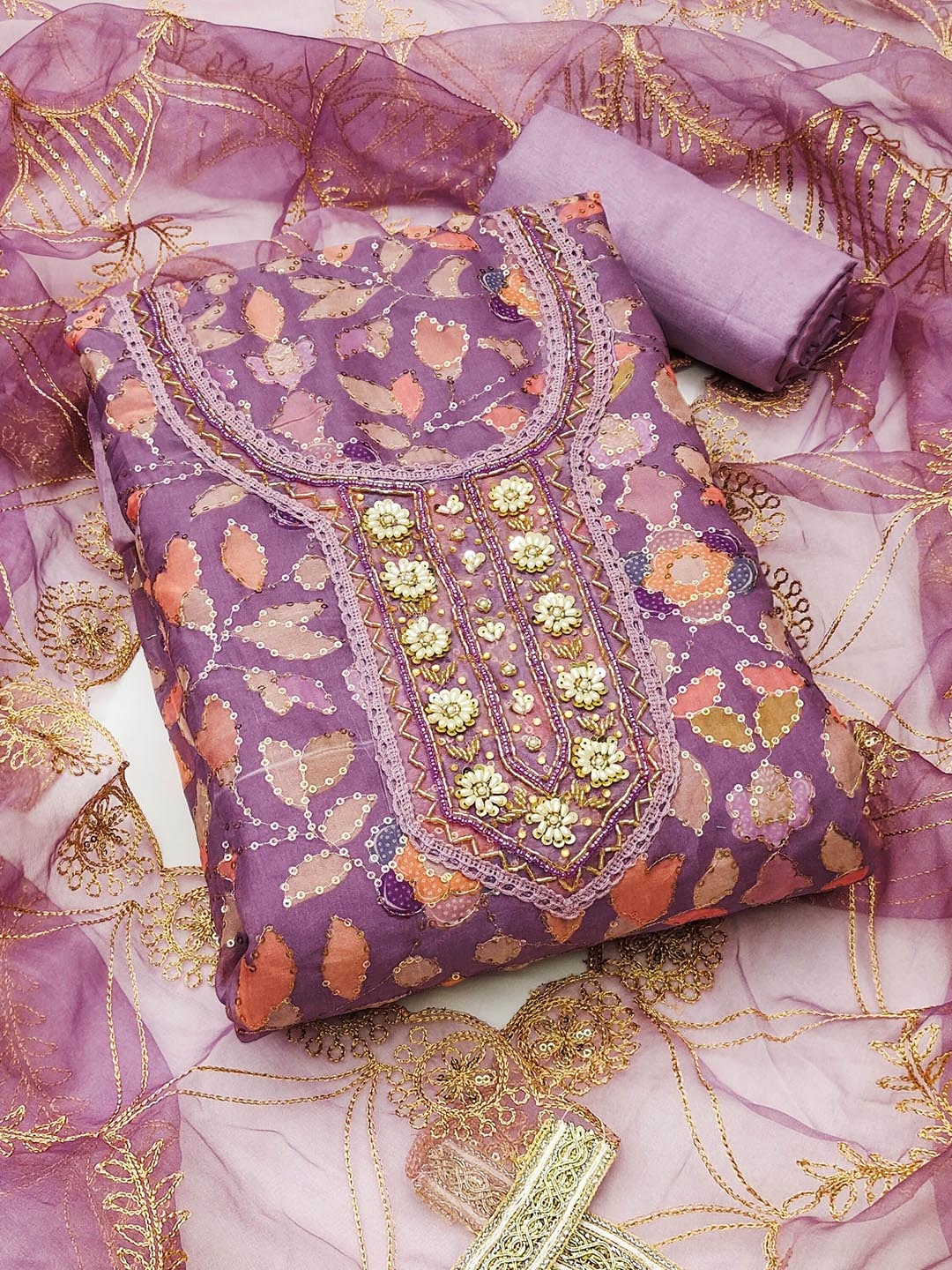 

MANVAA Embellished Organza Unstitched Dress Material, Purple