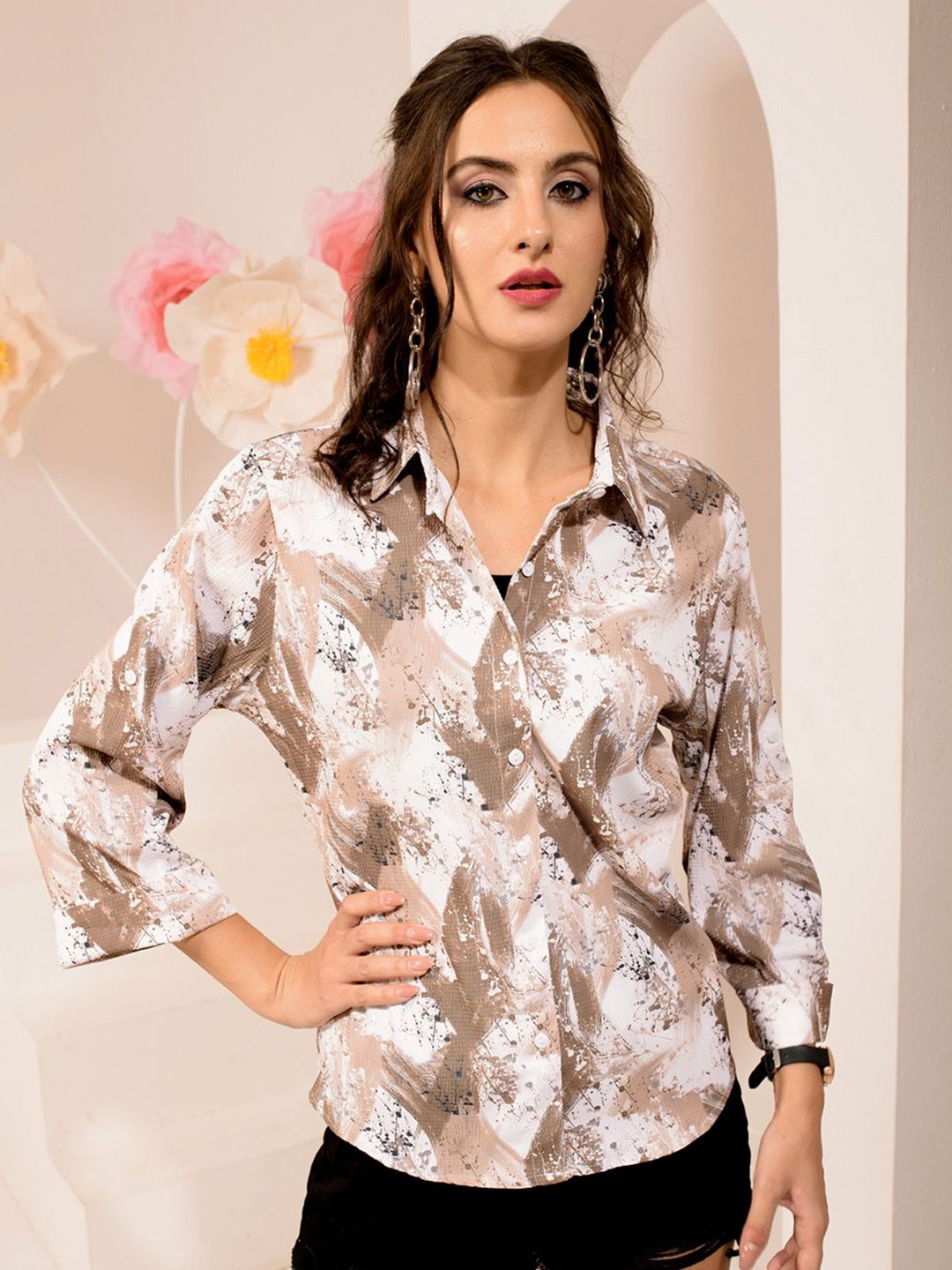 

BAESD Women Standard Spread Collar Abstract Printed Casual Shirt, White