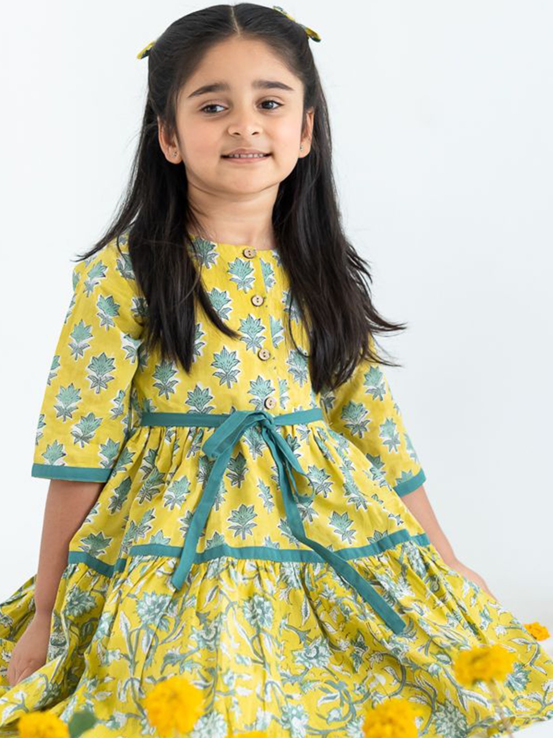 

Soleilclo Girls Cotton Ethnic Motifs Printed Fit & Flare Dress, Yellow