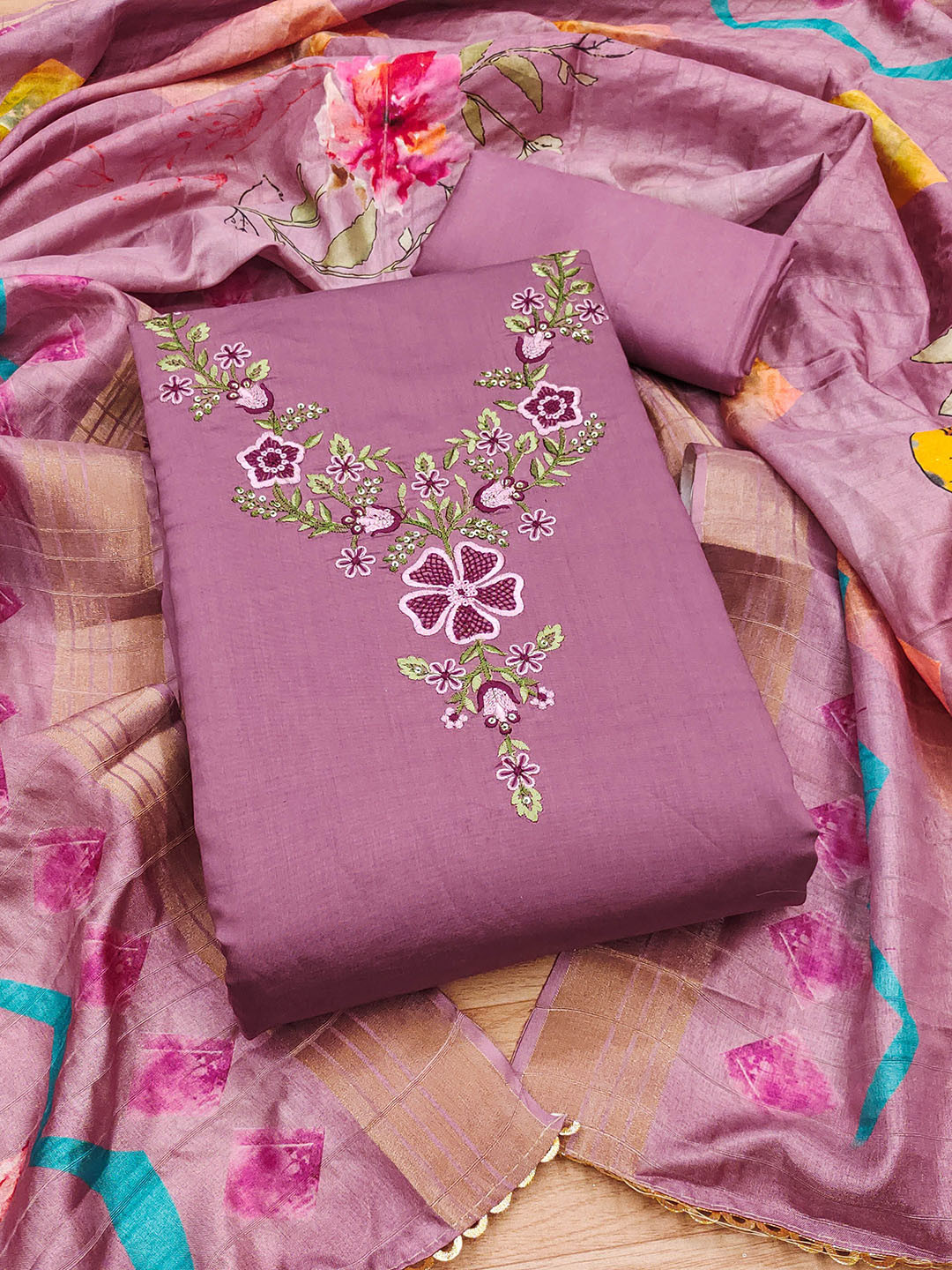 

MANVAA Floral Embroidered Unstitched Dress Material, Purple