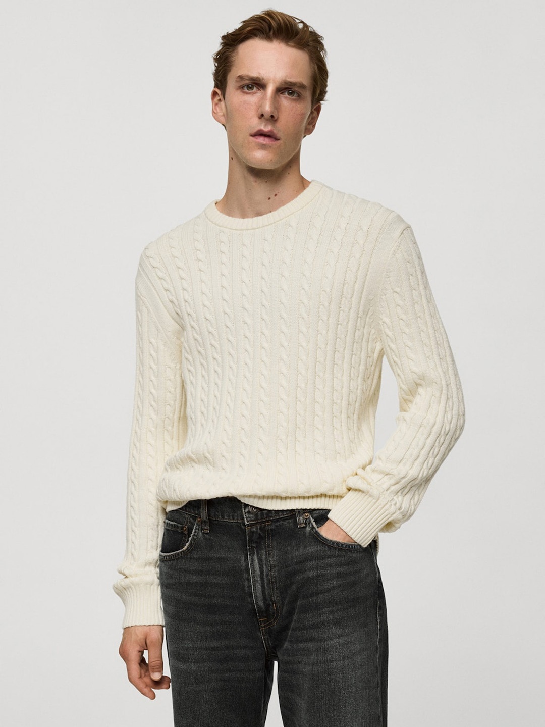

MANGO MAN Men Cable Knit Pullover, Cream