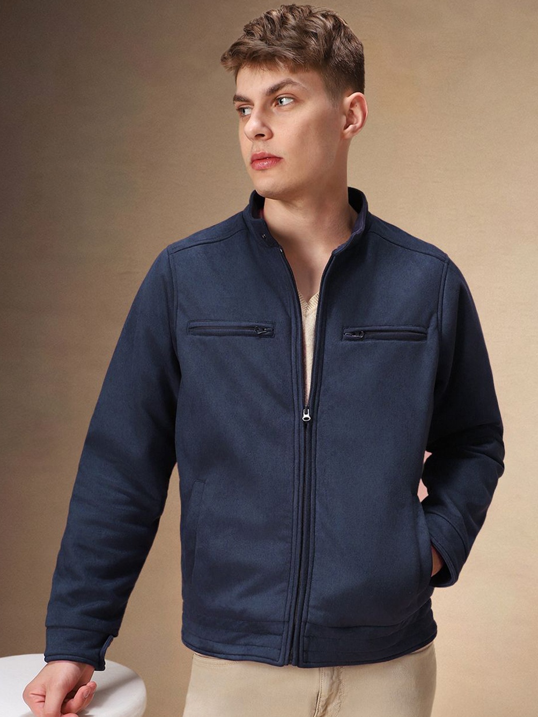 

Dennis Lingo Men Mock Collar Solid Casual Open Front Jacket, Navy blue
