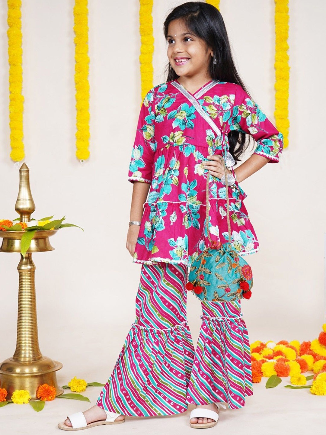 

KiddoPanti Girls Floral Printed Pure Cotton A Line Kurta with Sharara, Pink