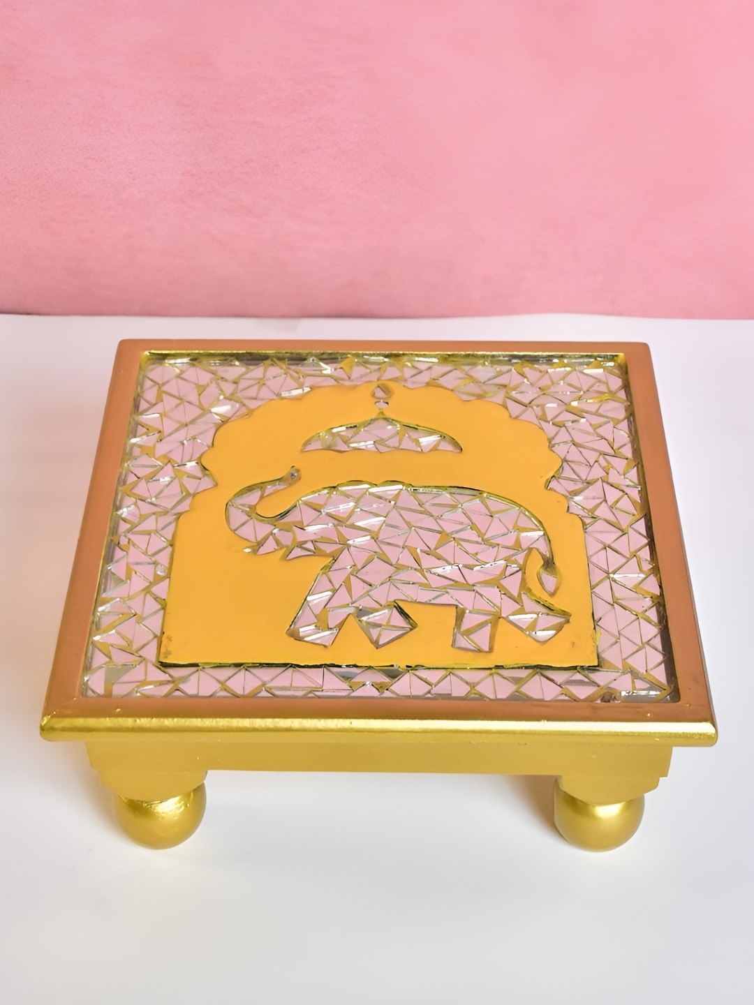

THE HOME CO. Yellow & Pink Glossy Wooden Rectangular Chowki