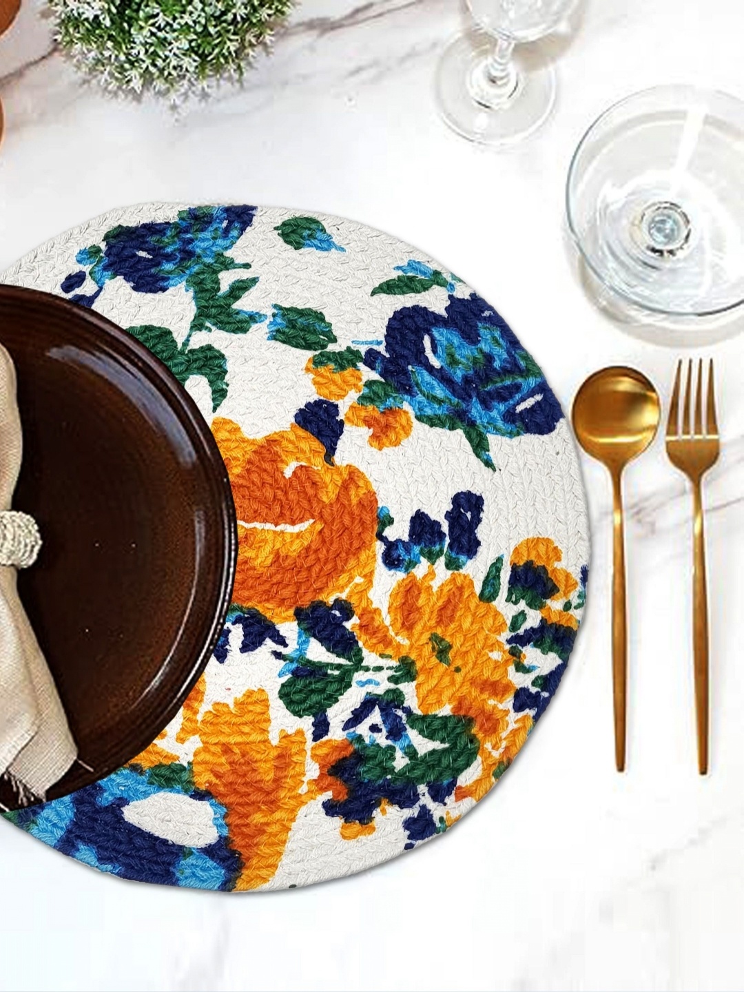 

ANA 8-Pcs Orange Colored & Blue Woven Design Pure Cotton Table Placemats