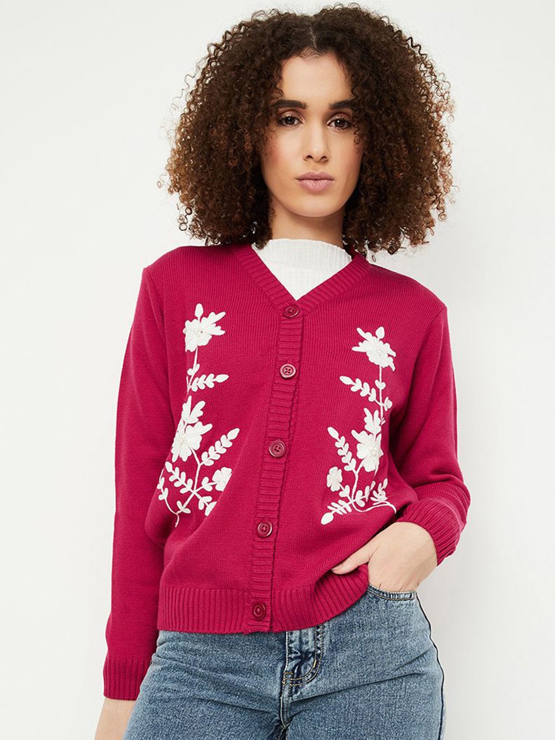 

max Women Floral V-Neck Cardigan, Pink