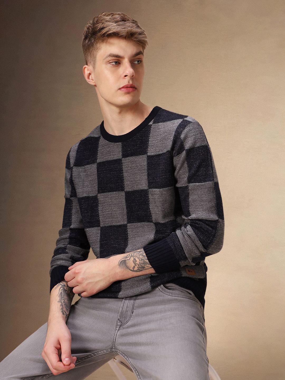 

Dennis Lingo Men Checked Round Neck Full Sleeves Slip On Pullover, Grey