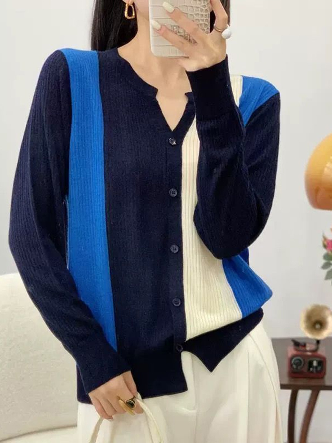 

StyleCast Women Striped Henley Neck Long Sleeves Cardigan, Navy blue