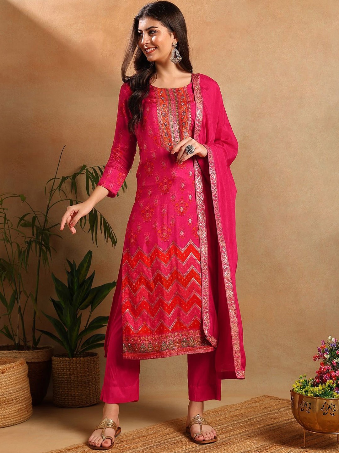 

KALINI Ethnic Motifs Woven Design Beads & Stones Pure Silk Kurta With Trousers & Dupatta, Pink