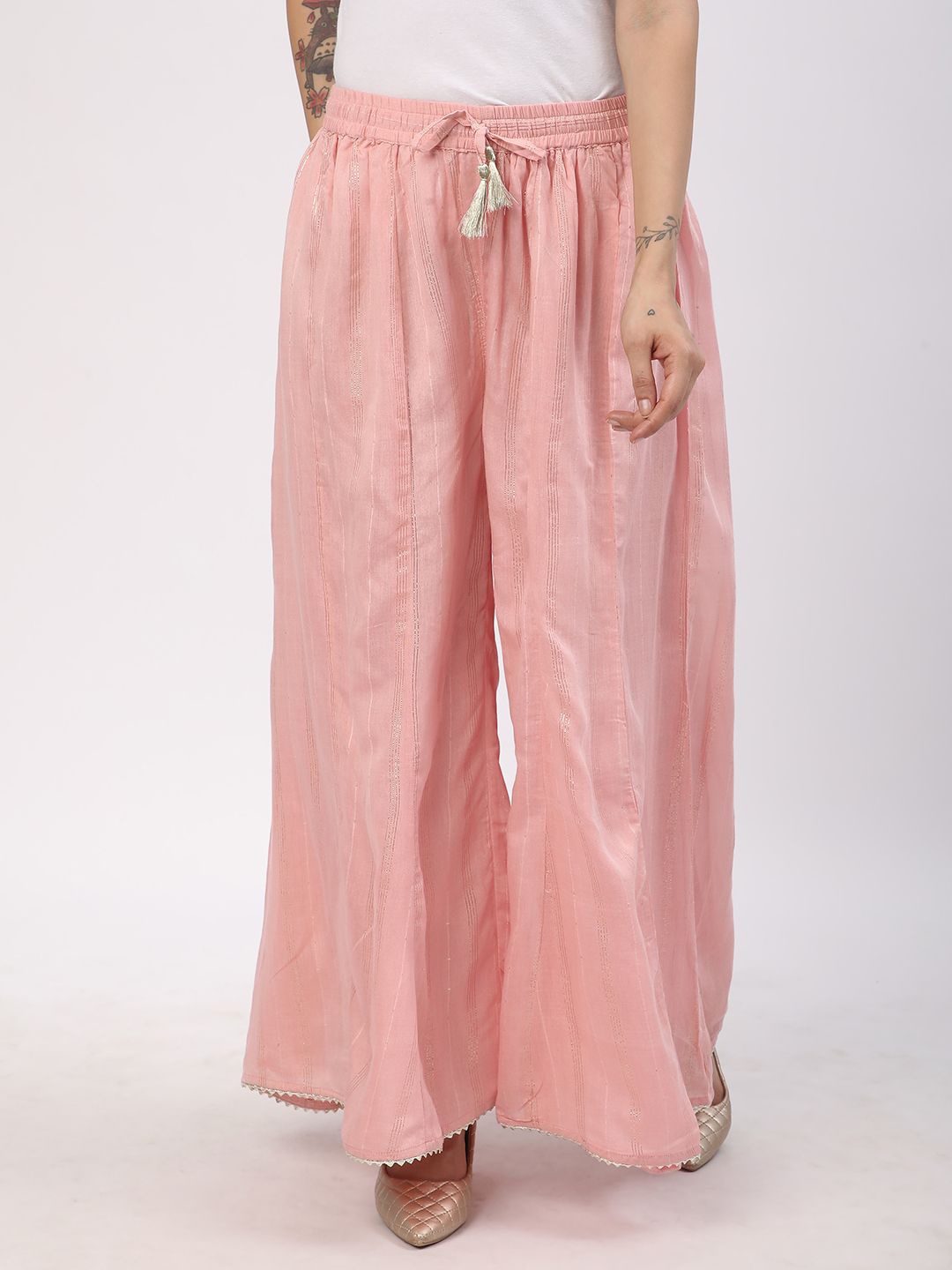 

R&B Women Striped Embroidered Palazzos, Pink