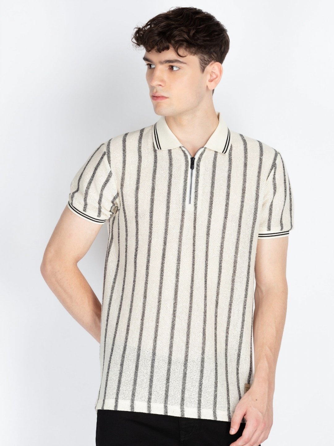

Status Quo Men Striped Polo Collar Pockets T-shirt, Off white