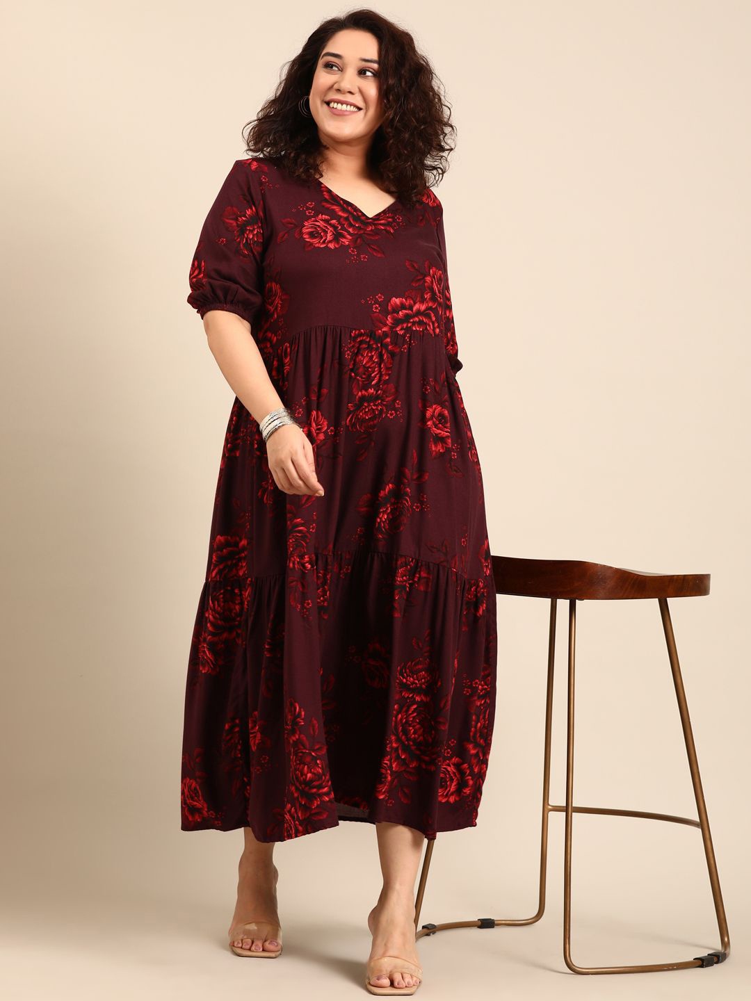 

The Pink Moon Women Plus Size Floral Print Crepe Fit & Flare Midi Dress, Maroon