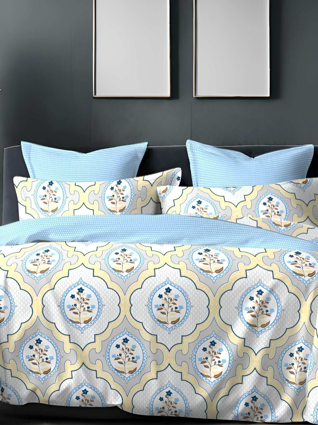

Sleeping Owls- because your sleep matters White & Blue Floral 186 TC Queen Bedsheet with 2 Pillow Covers