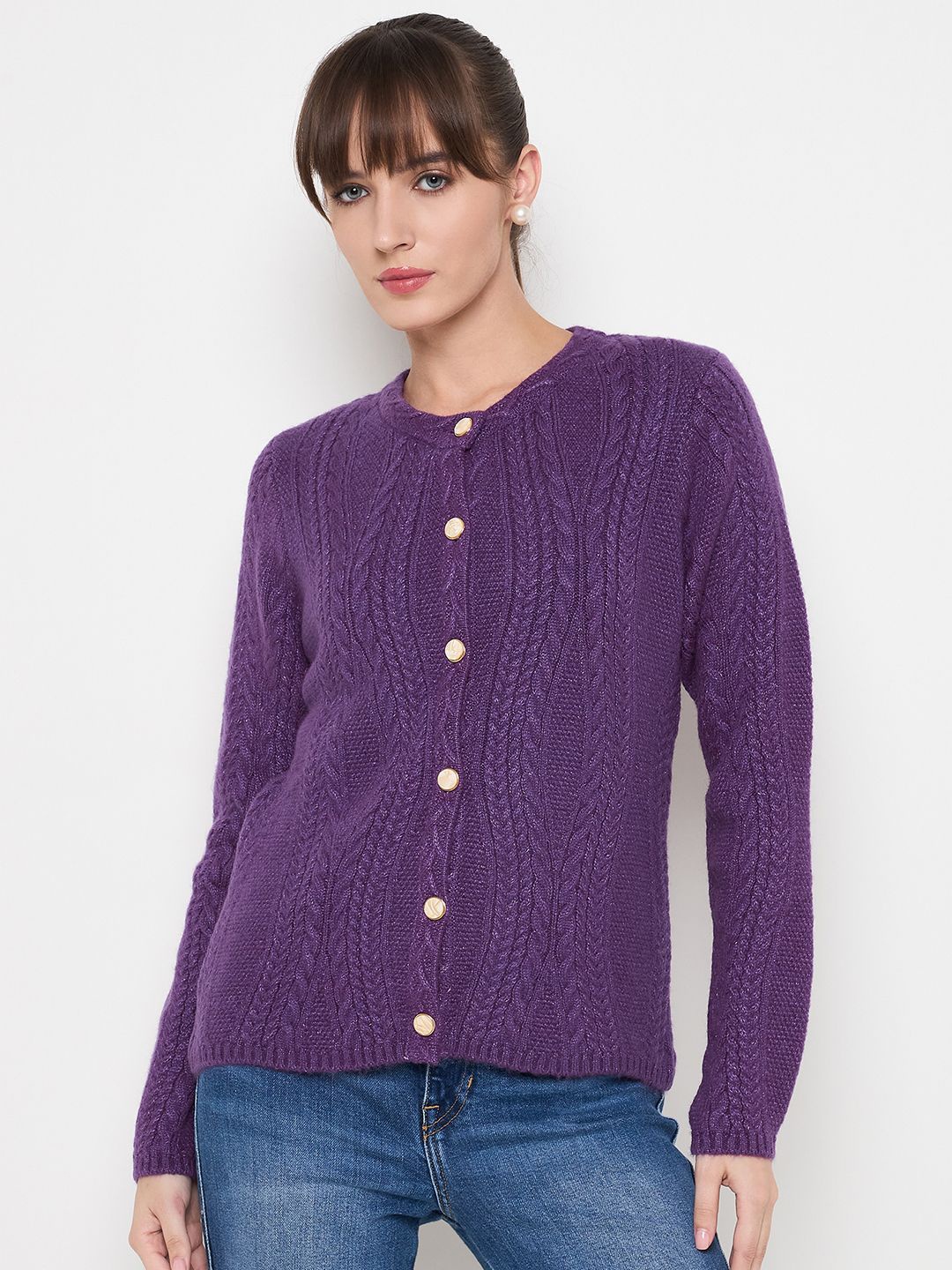 

Madame Women Cable Knit Cardigan, Purple