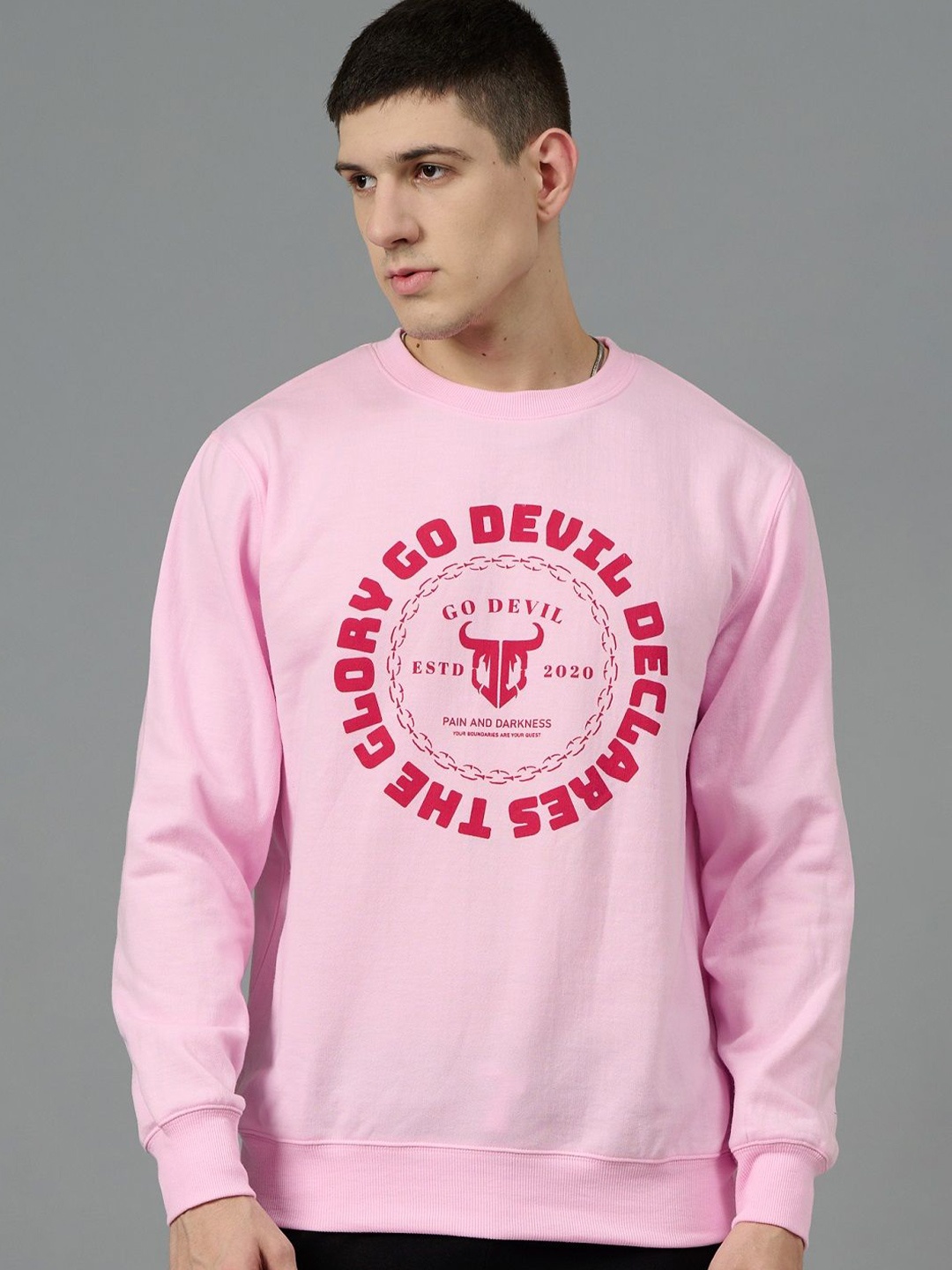 

GO DEVIL Men Brand Logo Printed Woollen Oversized Round Neck Long Sleeves Sweatshirt, Pink