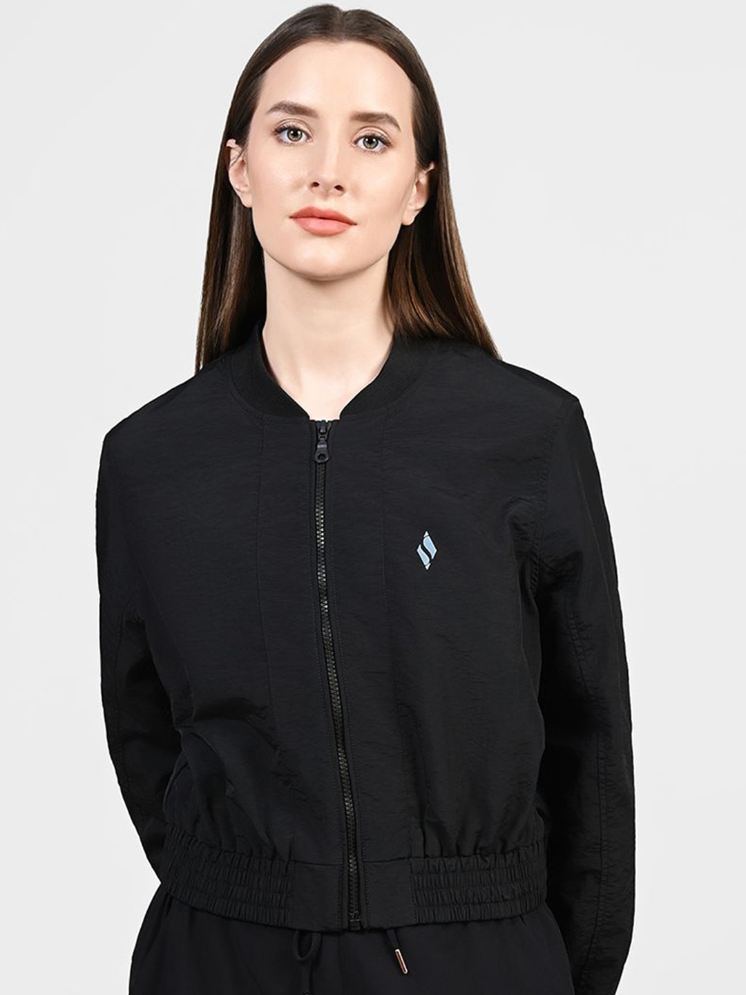

Skechers Women Stand Collar Solid Casual Bomber Jacket, Black