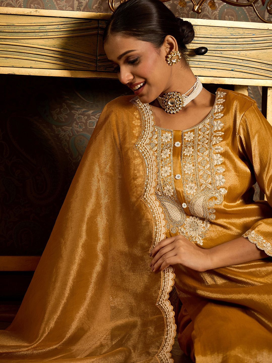 

Indo Era Floral Embroidered Round Neck Regular Liva Kurta With Trouser With Dupatta, Yellow
