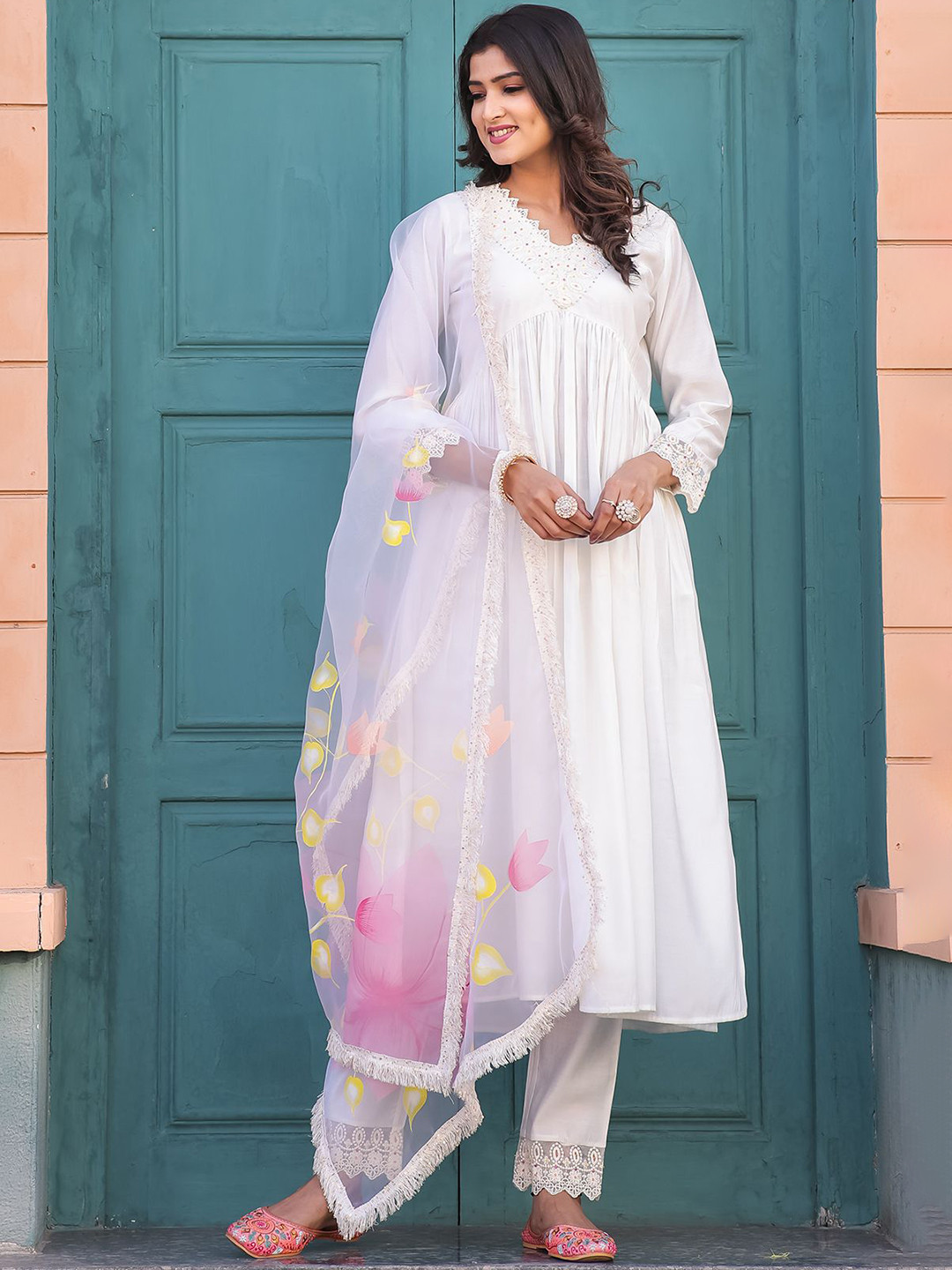 

KALINI Floral Printed Empire V-Neck A-Line Kurta With Trousers & Dupatta, White