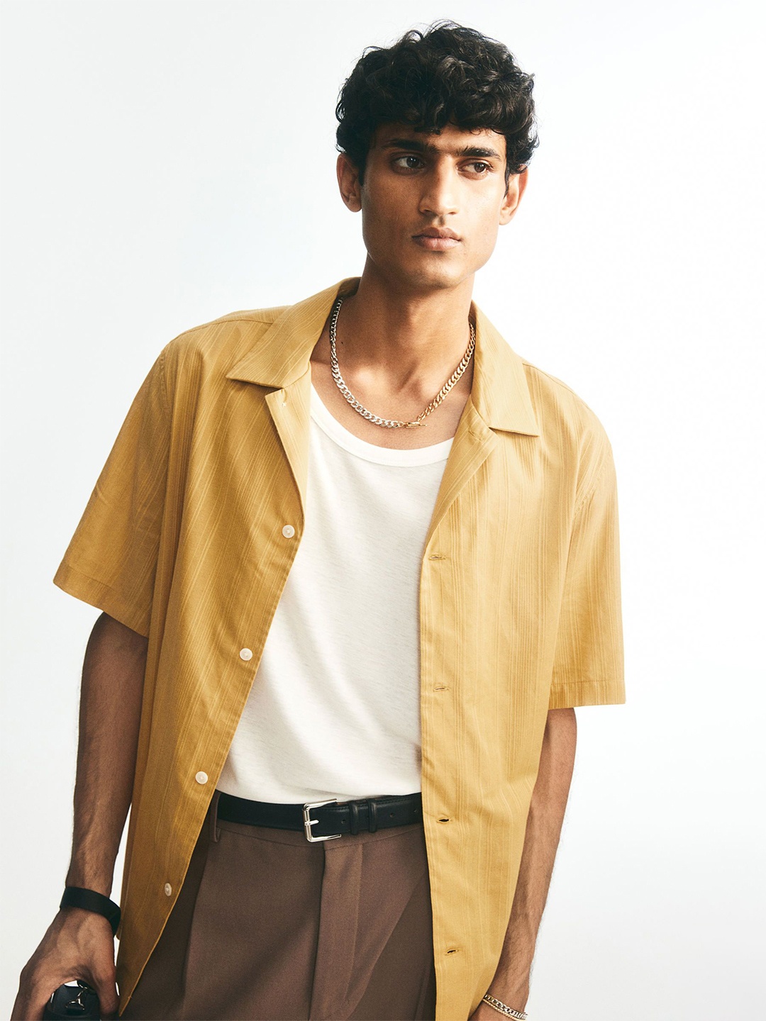 

H&M Textured-Weave Resort Shirt, Yellow