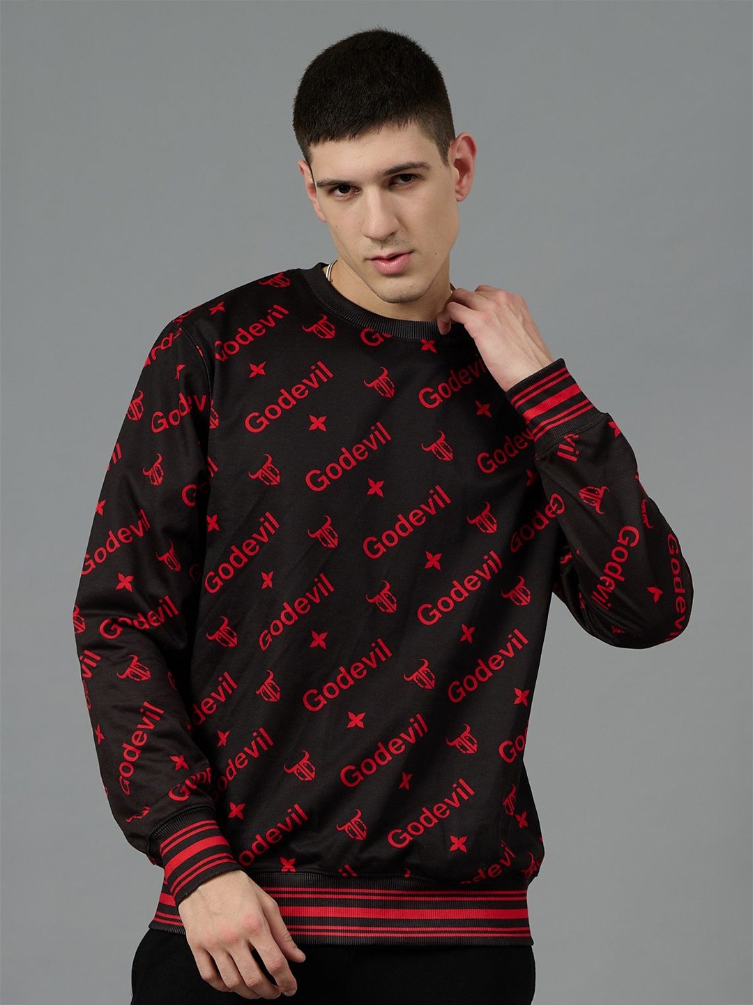 

GO DEVIL Men Brand Logo Printed Woollen Oversized Round Neck Long Sleeves Sweatshirt, Black