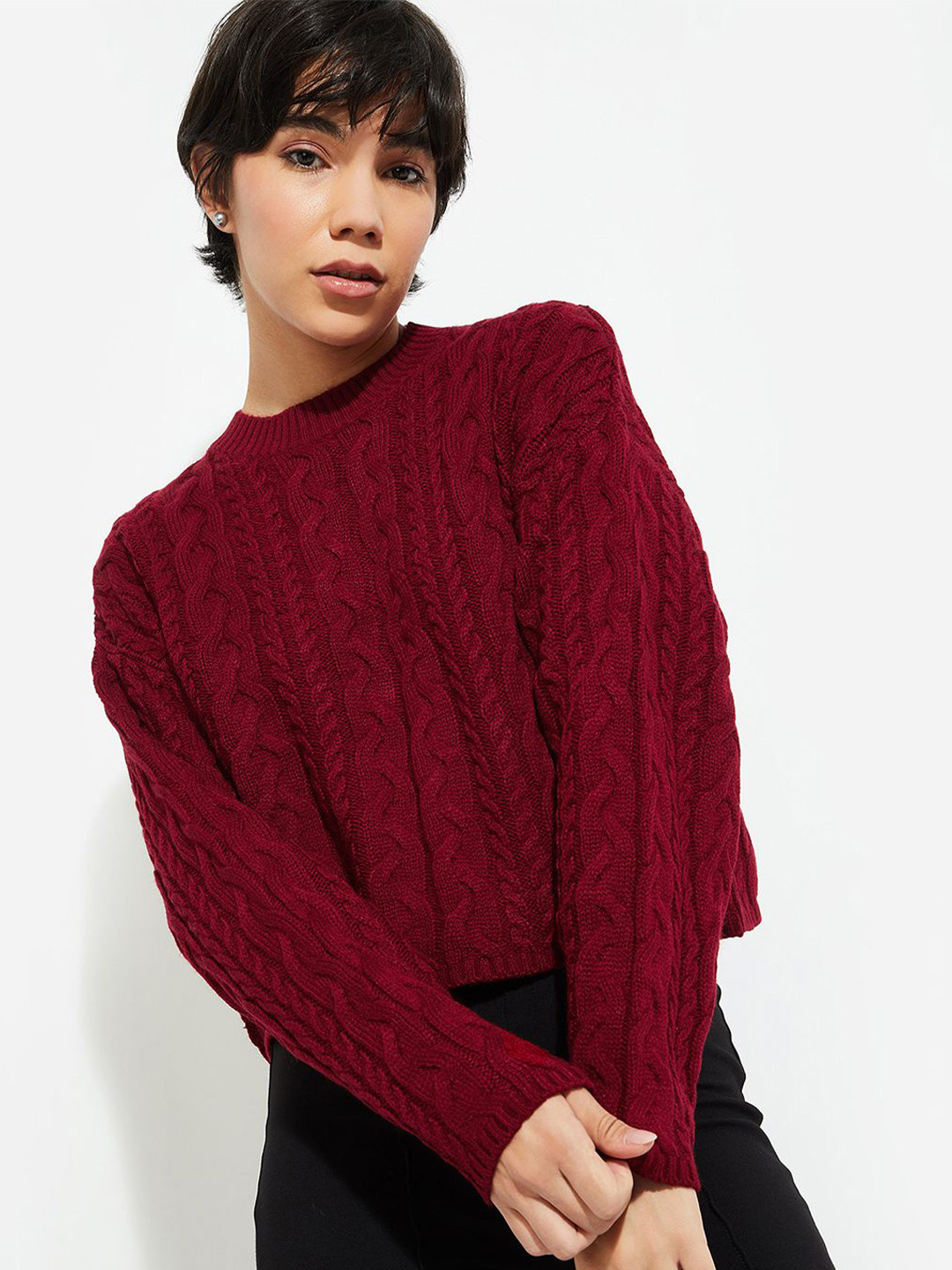 

Max Urb_N Women Cable Knit Crop Sweater, Purple