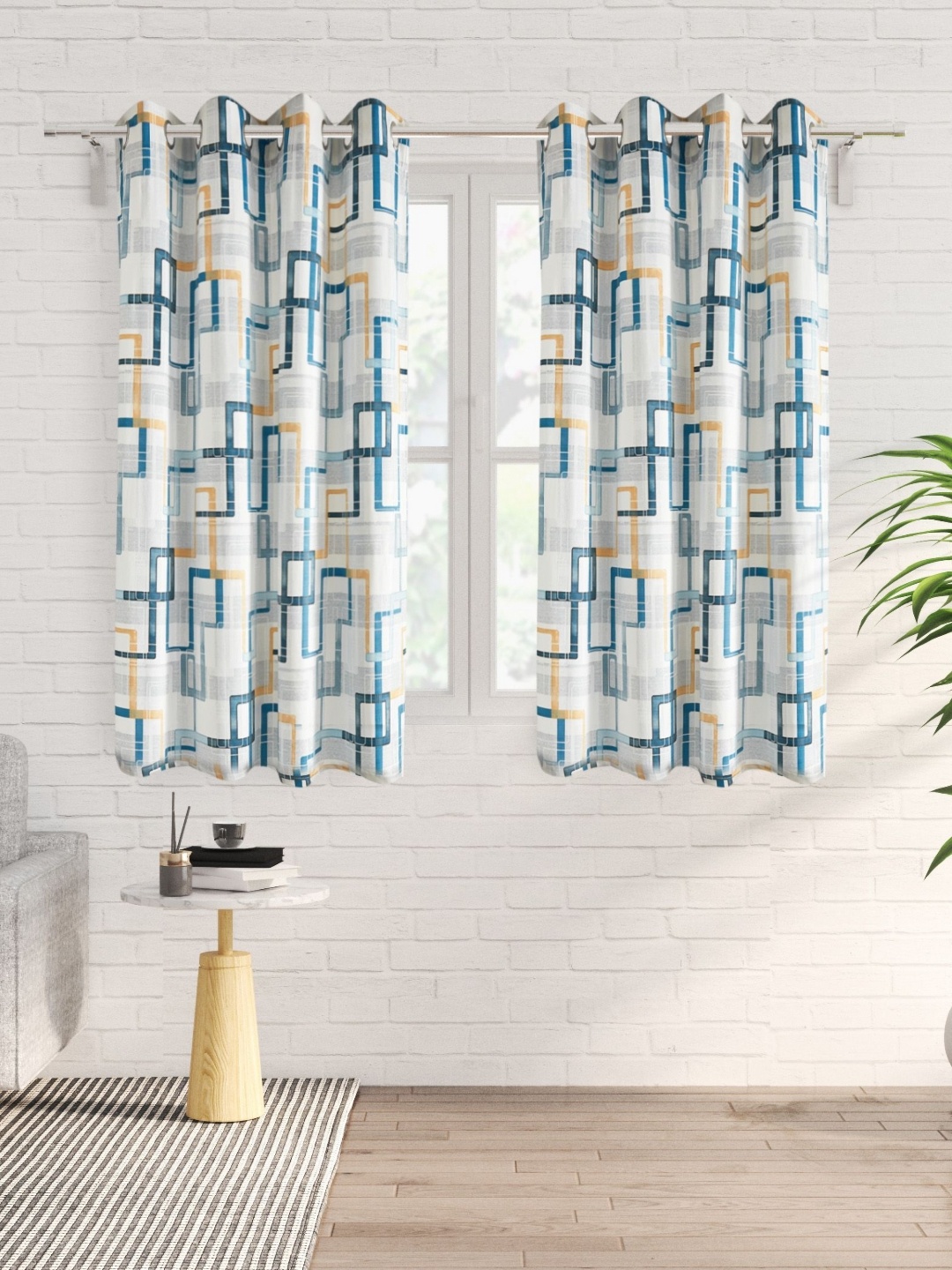 

Home Centre Lavish Bison Blue & White 2 Pieces Geometric Printed Velvet Window Curtains