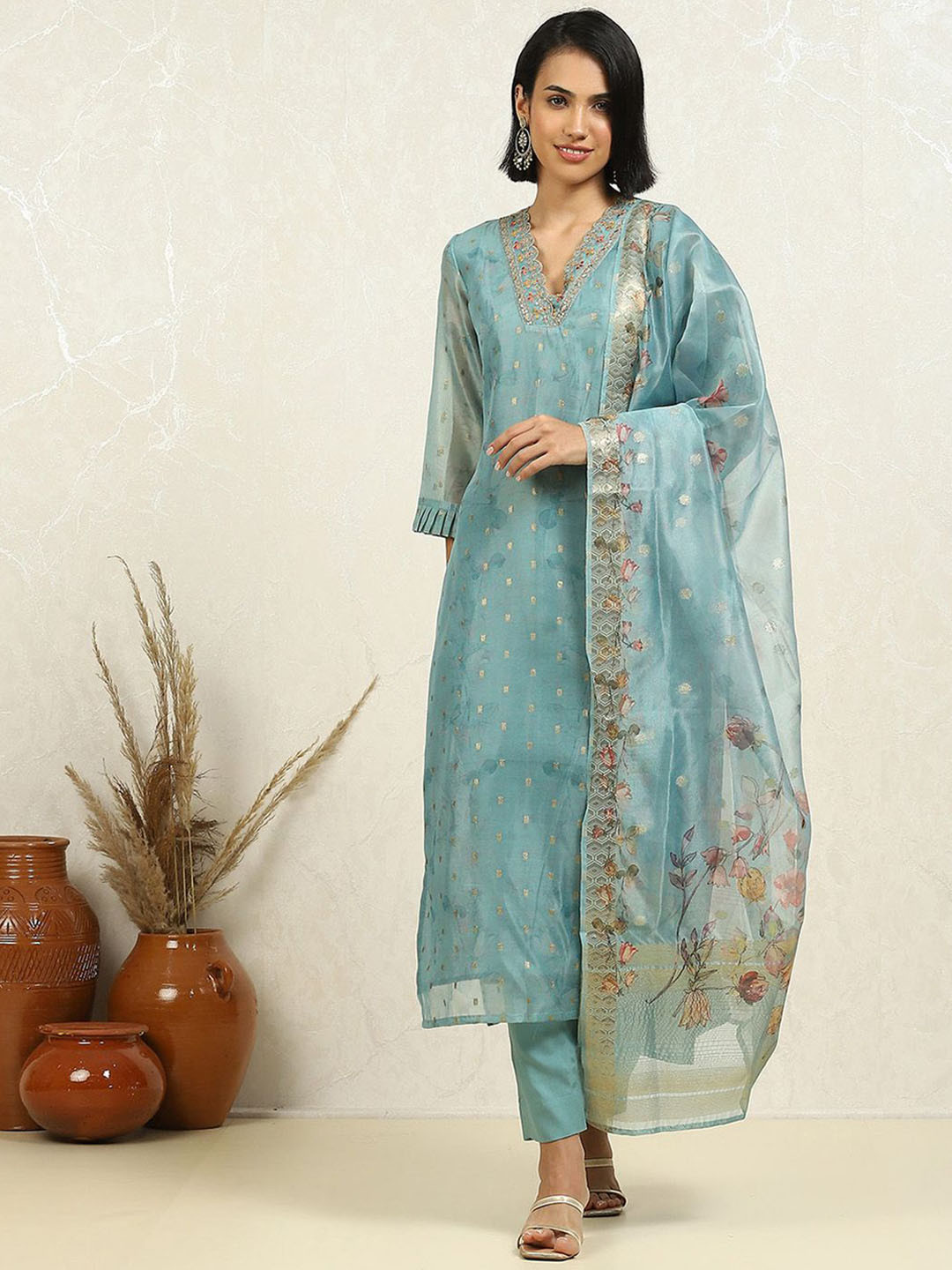 

Biba Floral Woven Design Zari Unstitched Dress Material, Blue