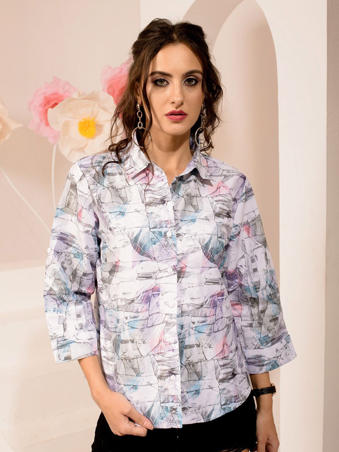 

BAESD Women Standard Spread Collar Abstract Printed Casual Shirt, White