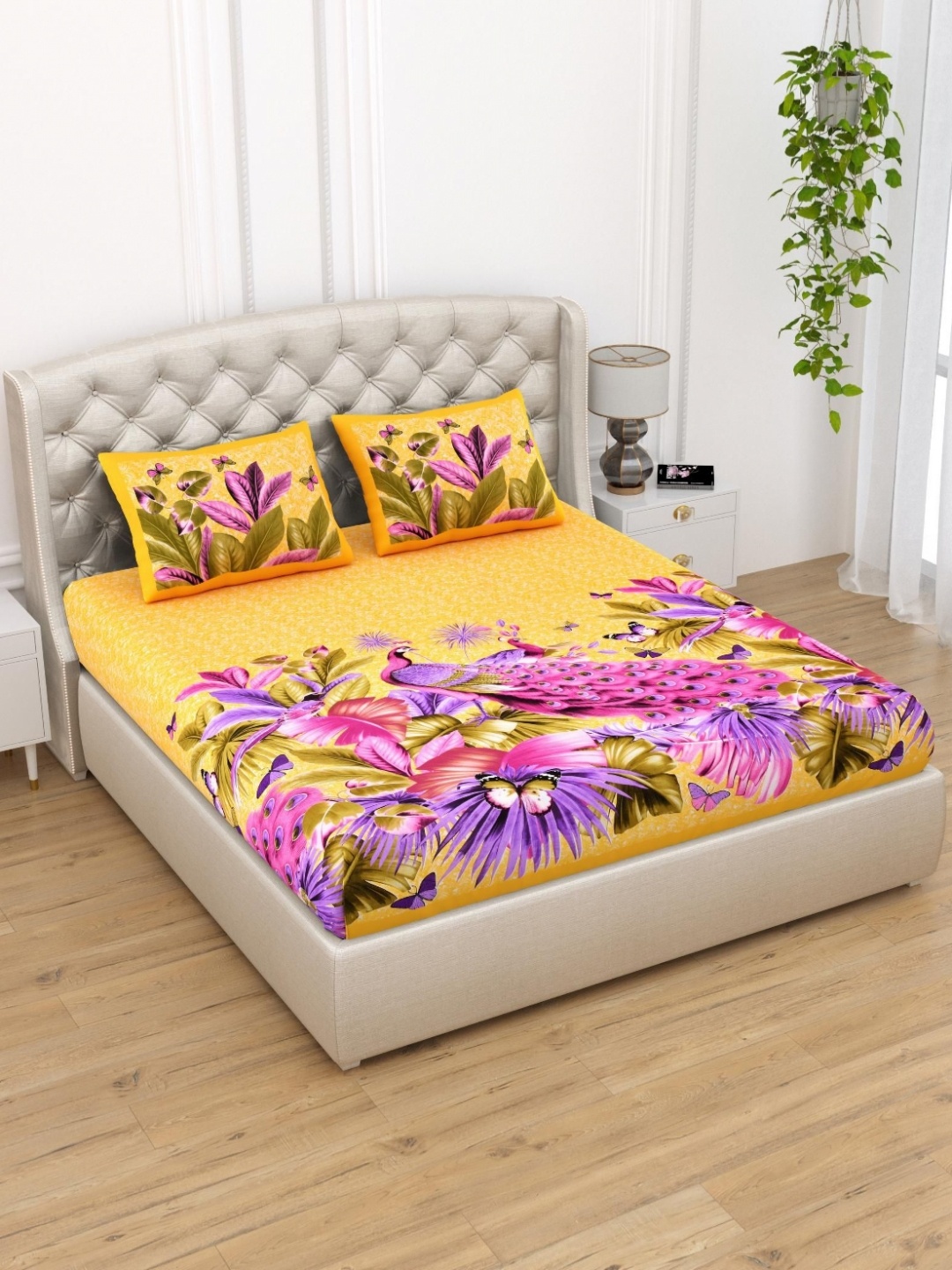 

Aura Yellow & Pink Floral Printed Pure Cotton 120 TC Queen Bedsheet Set 2.35 x 2.15m