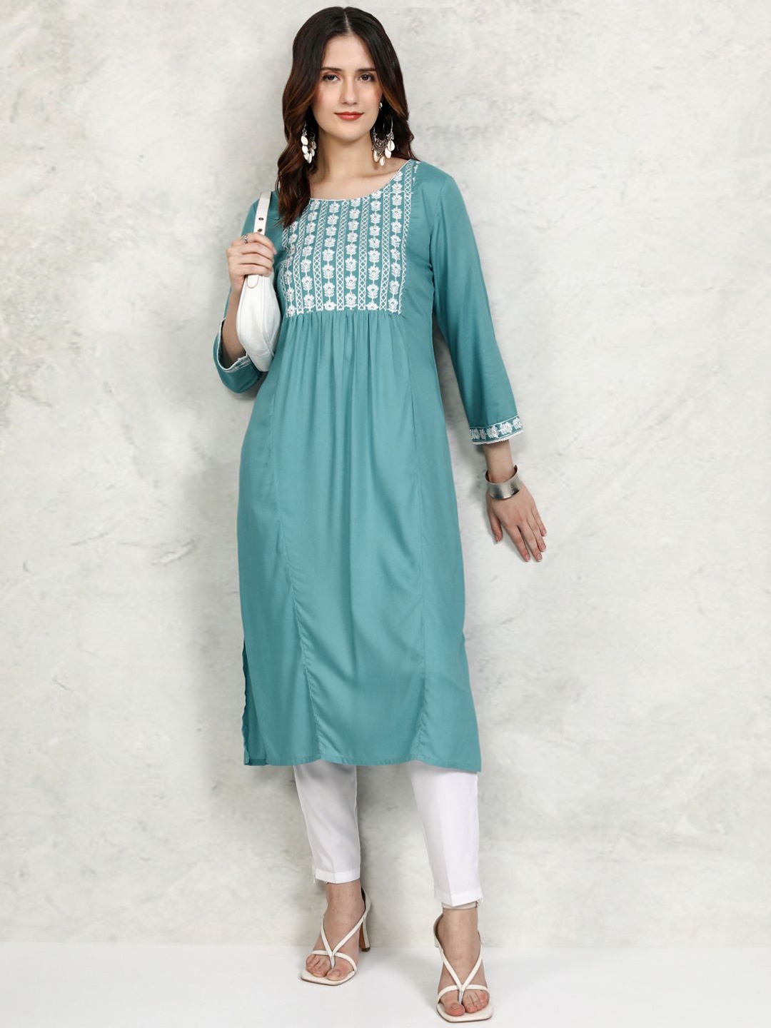 

Vishudh Teal Blue Floral Embroidered Thread Work Round Neck Straight Kurta