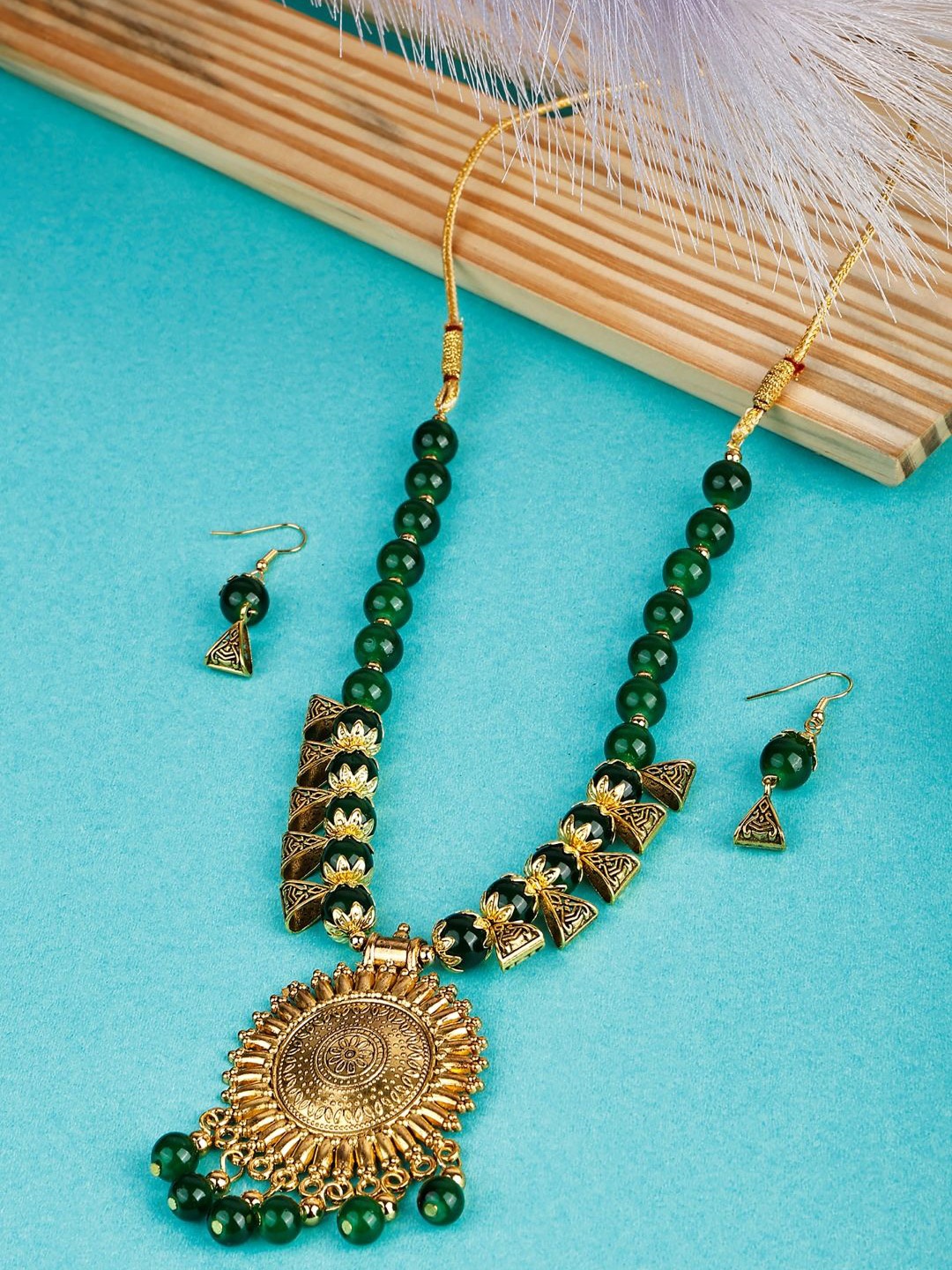 

SUNHARI Beads Studded Oxidised Jewellery Set, Gold