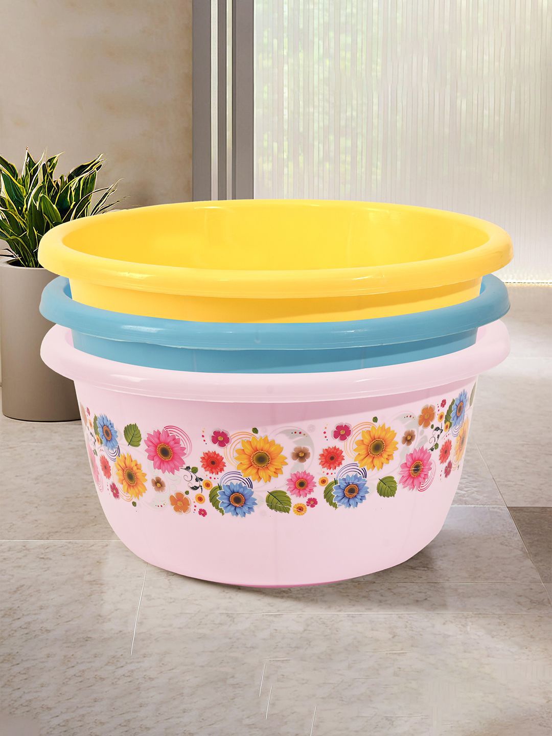 

Kuber Industries Pink & Blue 3 Pieces Floral Printed Matte Bath Tub