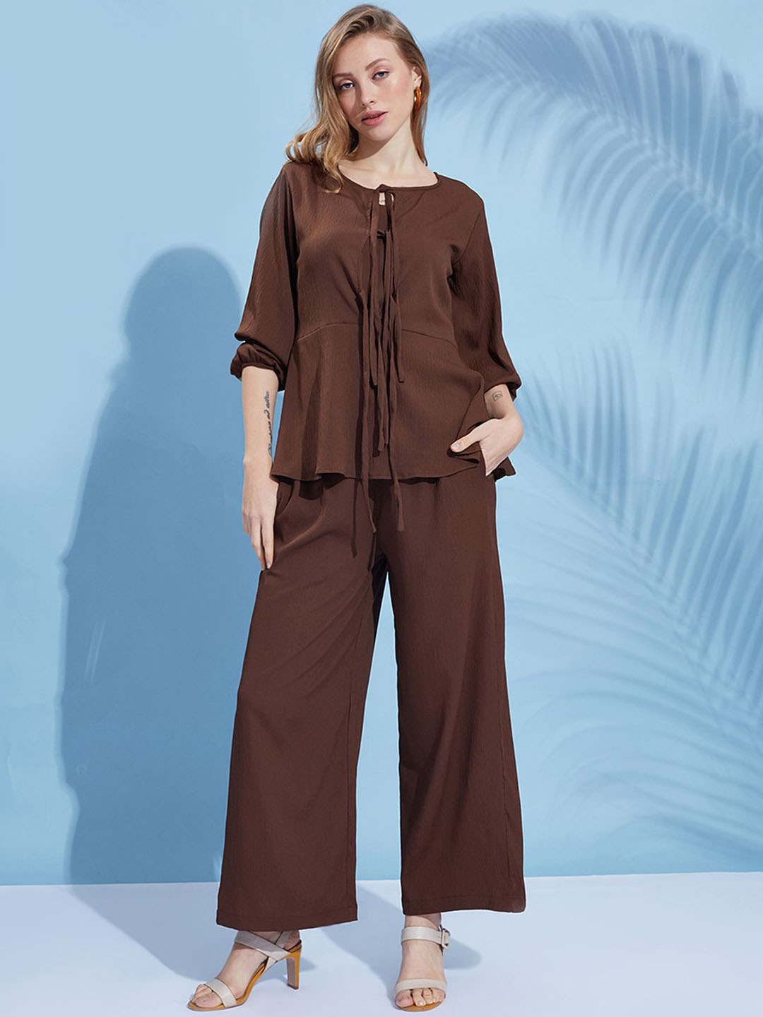 

Fashfun Tie-Up Peplum Top & Trouser, Brown