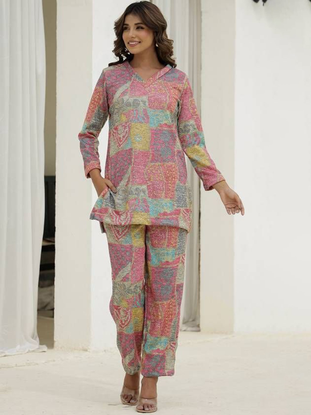 

FLAVIA CREATION Printed Pure Wool Tunic With Trouser, Pink
