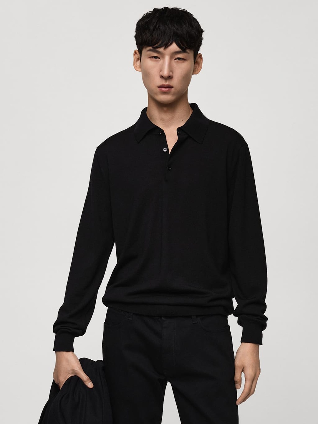 

MANGO MAN Ribbed Woollen Longline Pullover, Black