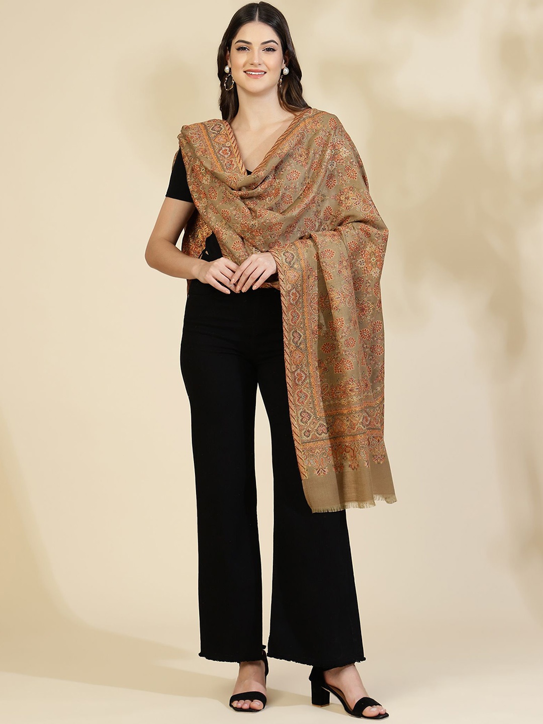 

Zamour Ethnic Motifs Woven Design Zari Woollen Shawl, Brown