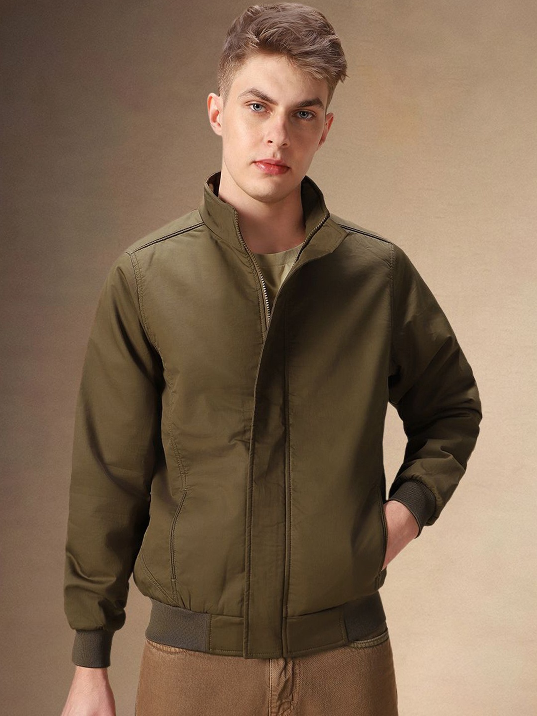 

Dennis Lingo Men Mock Collar Solid Casual Bomber Jacket, Brown