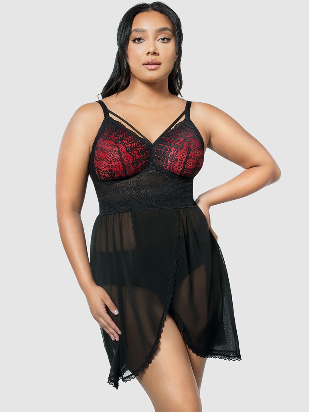 

PARFAIT Self Design Baby Doll with Asymmetric Hem, Black