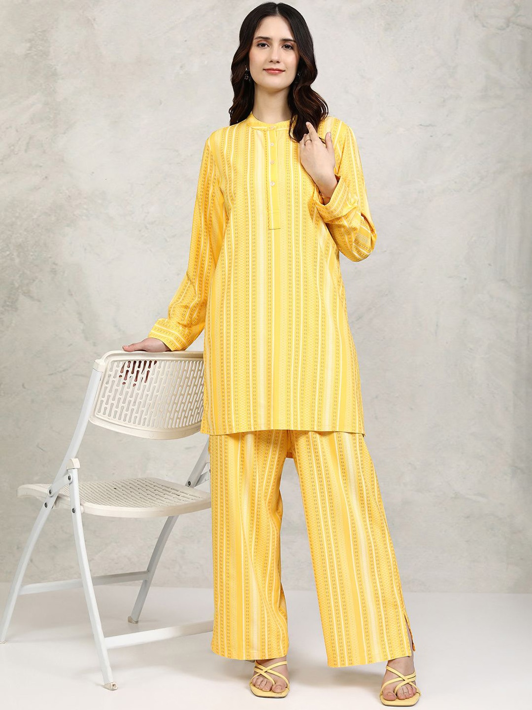 

Vishudh Yellow Striped Band Collar Long Sleeves Top With Palazzo