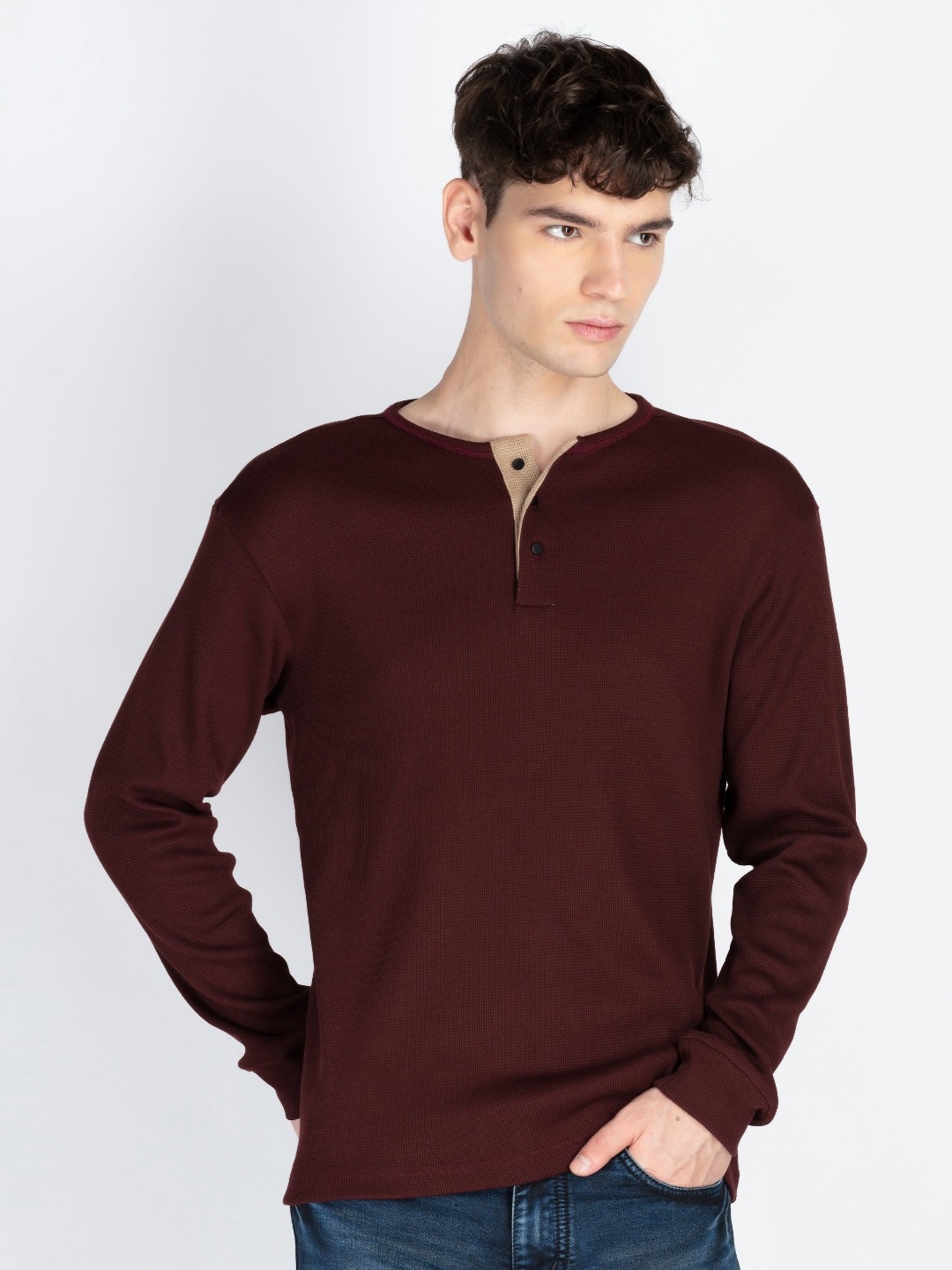 

Status Quo Men Henley Neck Pockets T-shirt, Burgundy