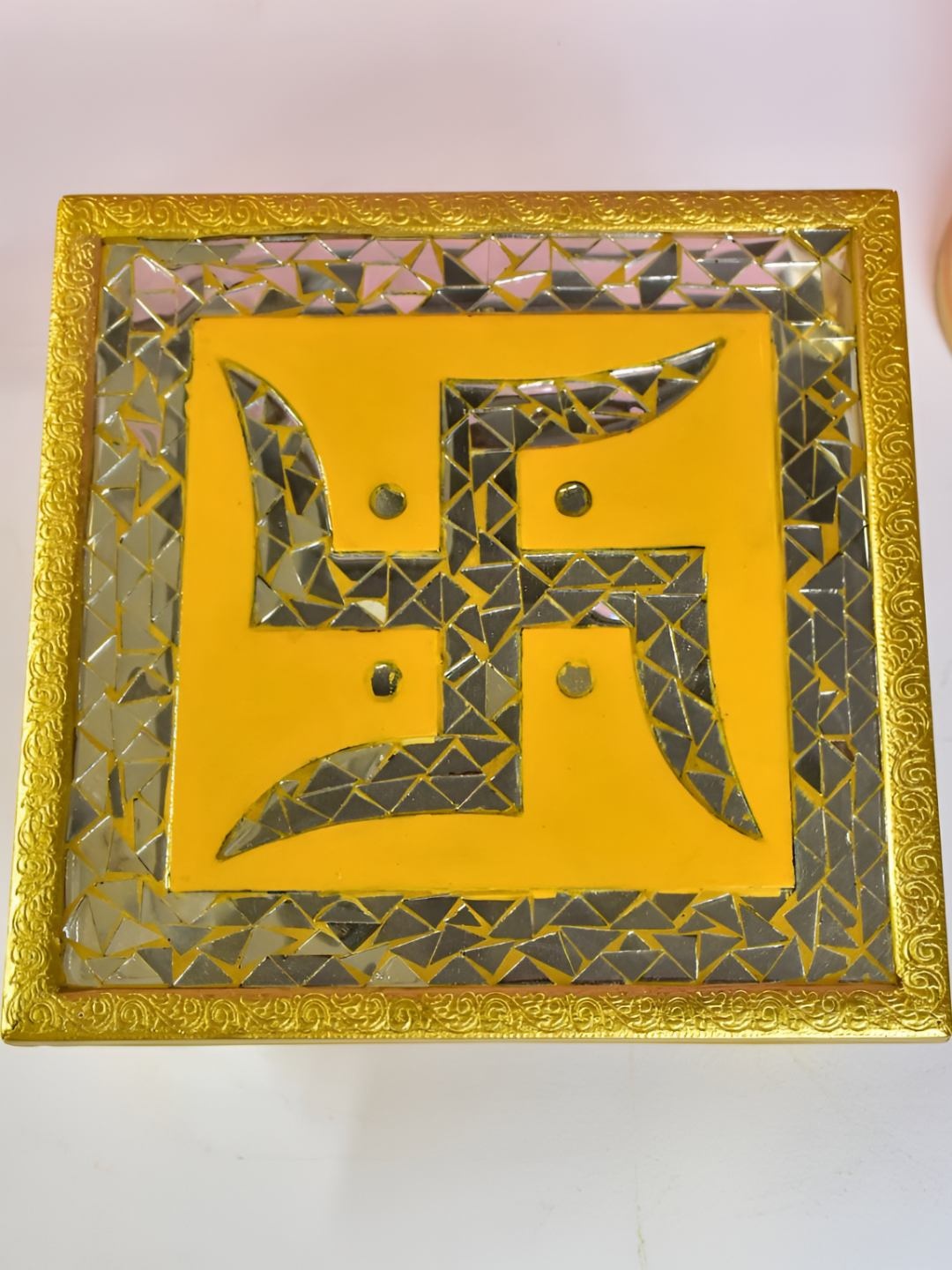 

THE HOME CO. Yellow & Pink Wooden Glossy Swastika Square Chowki