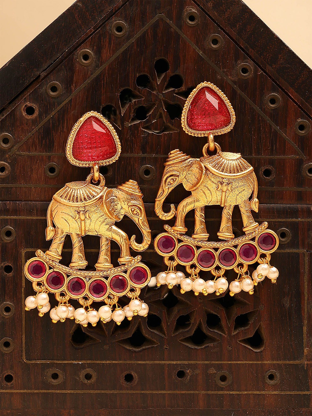 

KARATCART Gold-Plated Kundan Studded Contemporary Antique Drop Earrings