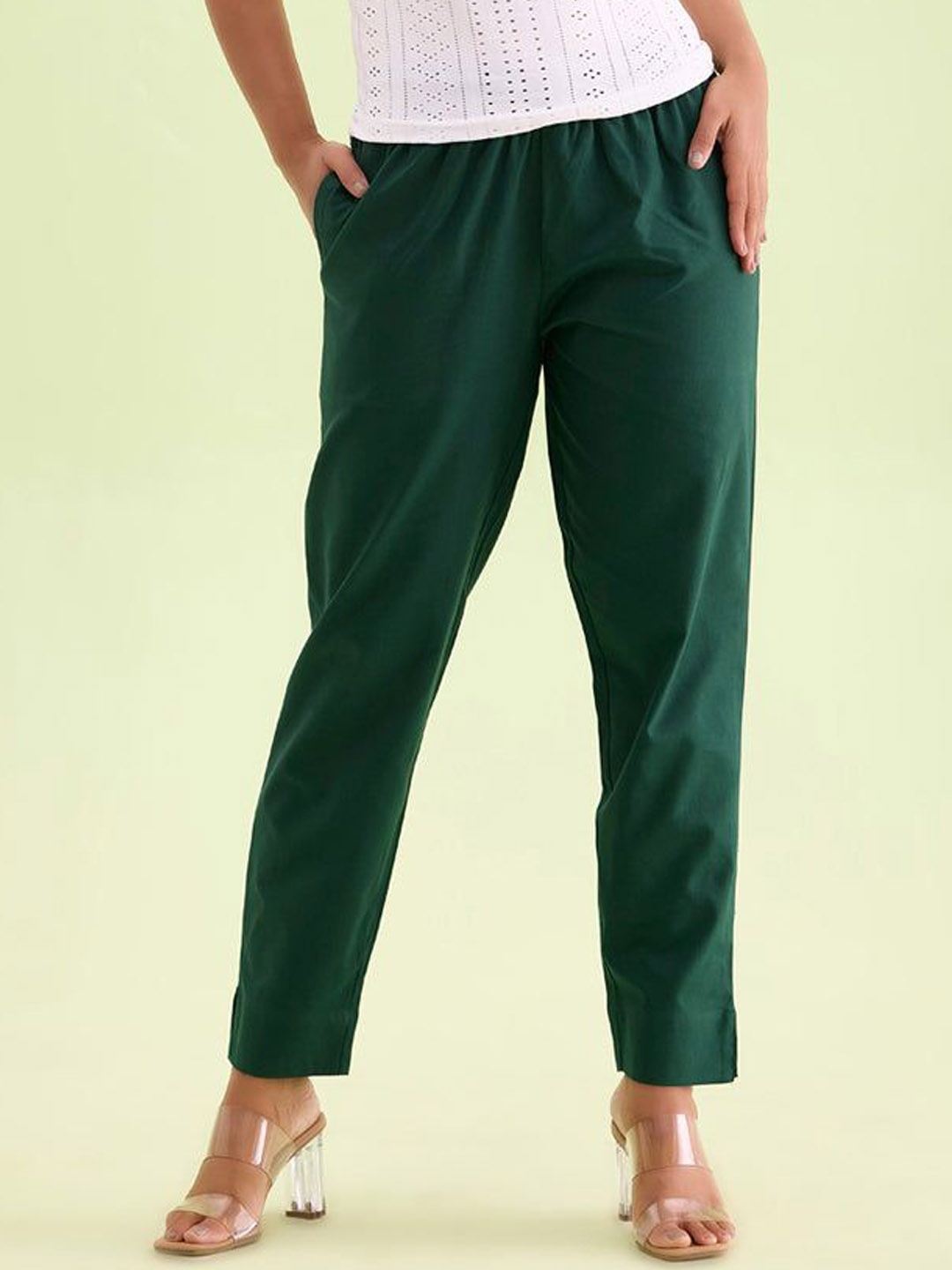

IndianRang Women Cotton Relaxed Straight Leg No Fly Mid-Rise Trousers, Green