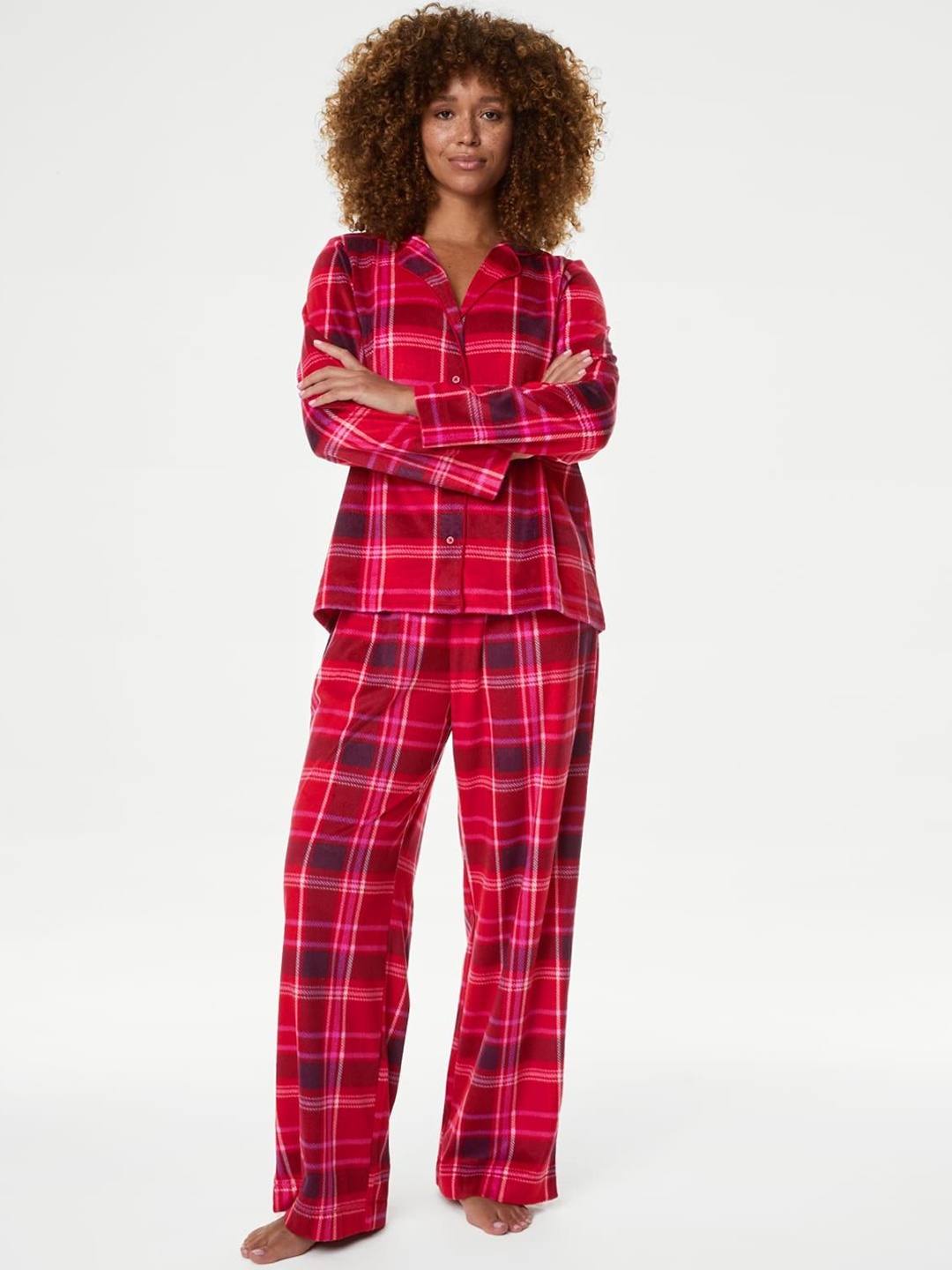 

Marks & Spencer Women Checked Shirt Collar Night Suit, Red