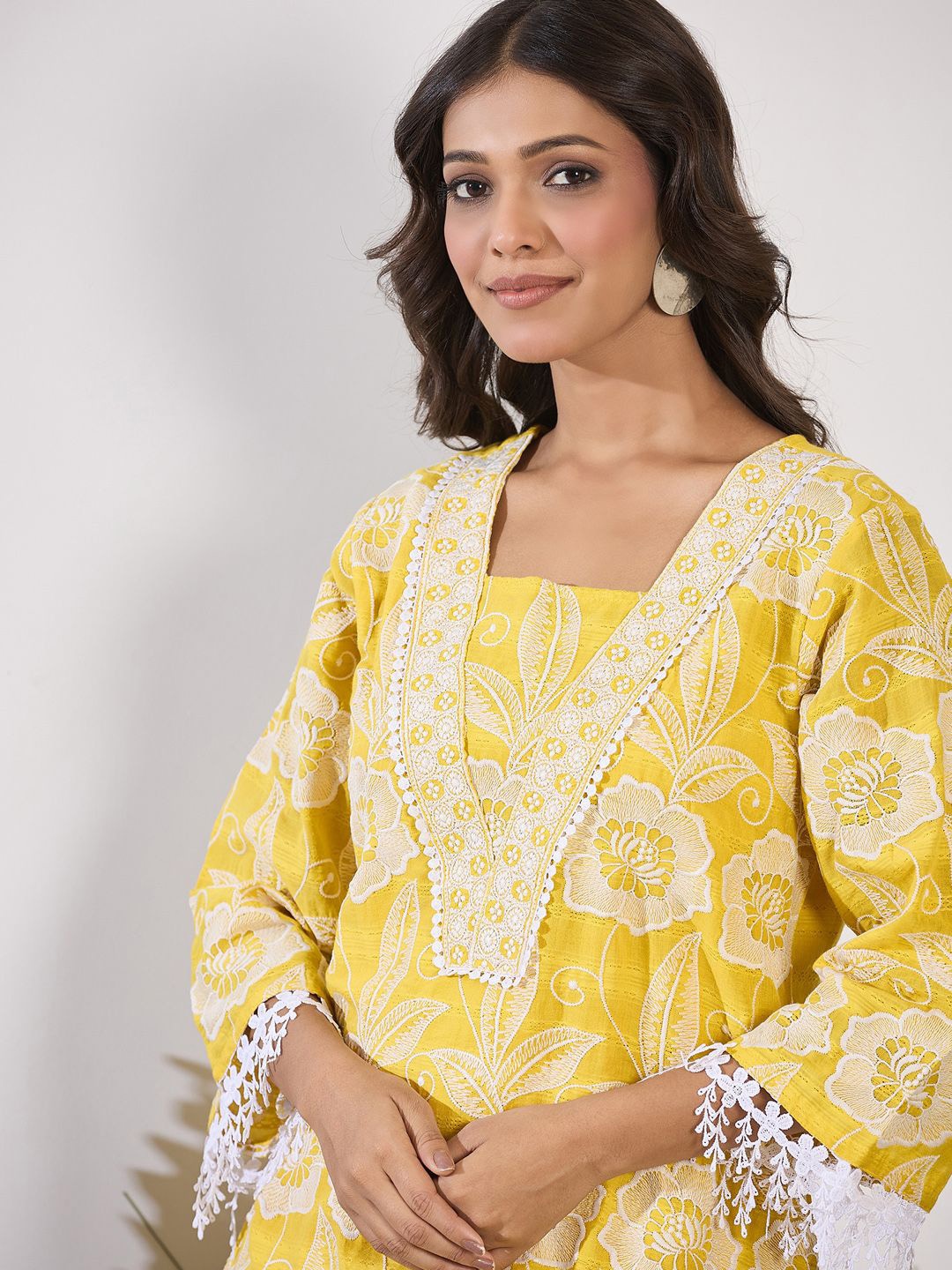 

Indo Era Square Neck Floral Embroidered Thread Work Pure Cotton Kurta with Trousers, Mustard